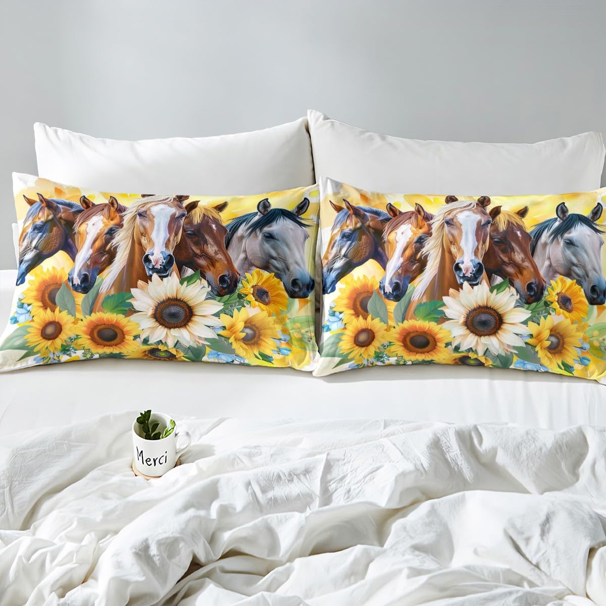 Kids Horse Bedding Set, Blooming Sunflower Fitted Sheet Full Size, Western Cowboy Bed Sheet for Boys Teens Adult, Floral Branches Rustic Bed Cover Bedroom Decor, Yellow Brown White(No Top Sheet)