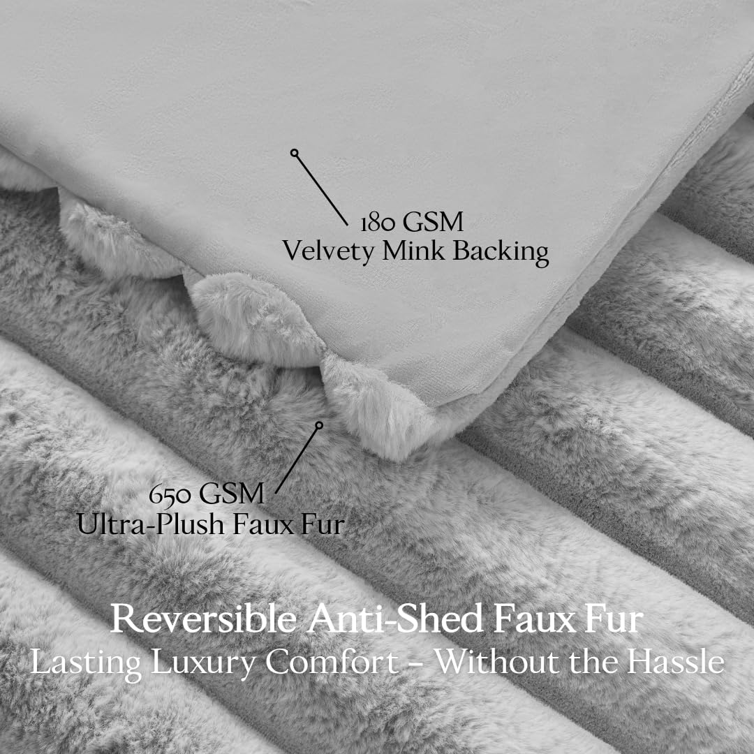 The Nantucket Blanket - LuxeComfort Faux Fur Striped Blanket 60"x70" Pebble Grey - Luxuriously Soft Cozy Warm Gift for Women, Plush Silky Fuzzy Heavyweight Reversible Design Home Decor