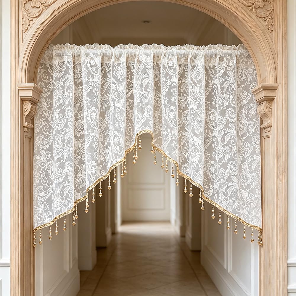 Luxury Victorian Floral White Lace Swag Valance for Arched Door
