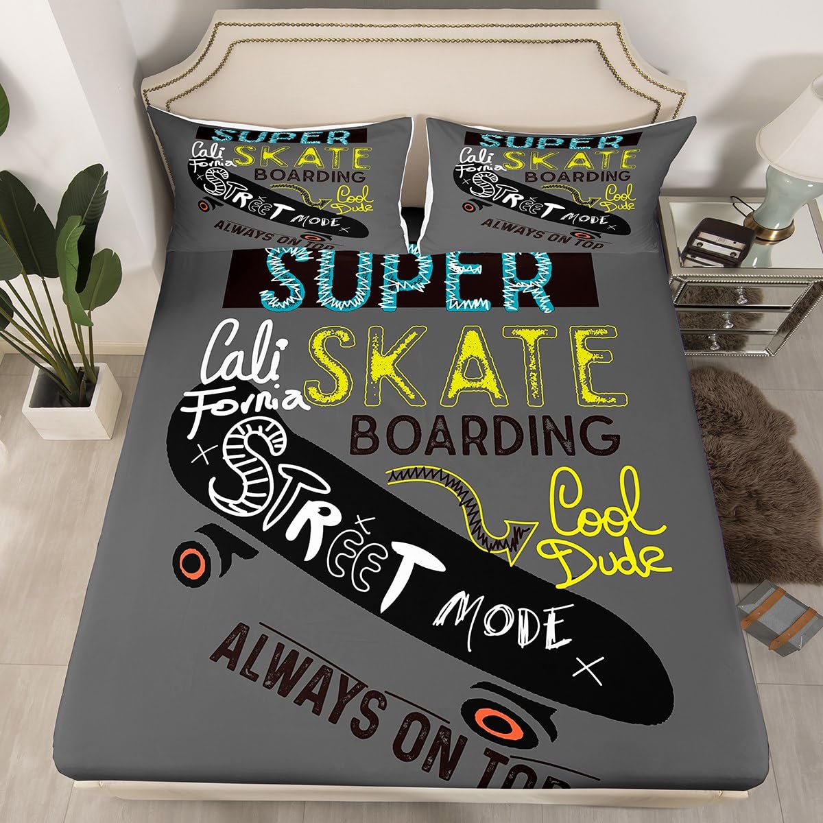 Feelyou Youth Skateboard Bedding Set Kids Extreme Sports Theme Bed Sheet Set Boys Teens Hipster Fitted Sheet Hip Hop Street Culture Bed Cover,Room Decor 3Pcs Sheets Full Size,Gray