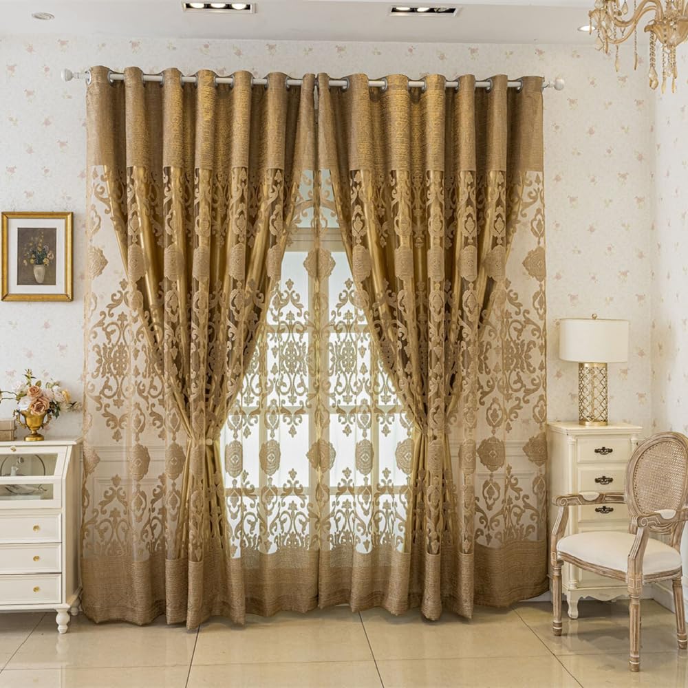 Amidoudou 1 Pair Luxury Double Layered European High-Blackout Curtains Embroidered Curtains for Living Room Bedroom Balcony (Gold,58x90 Inch)