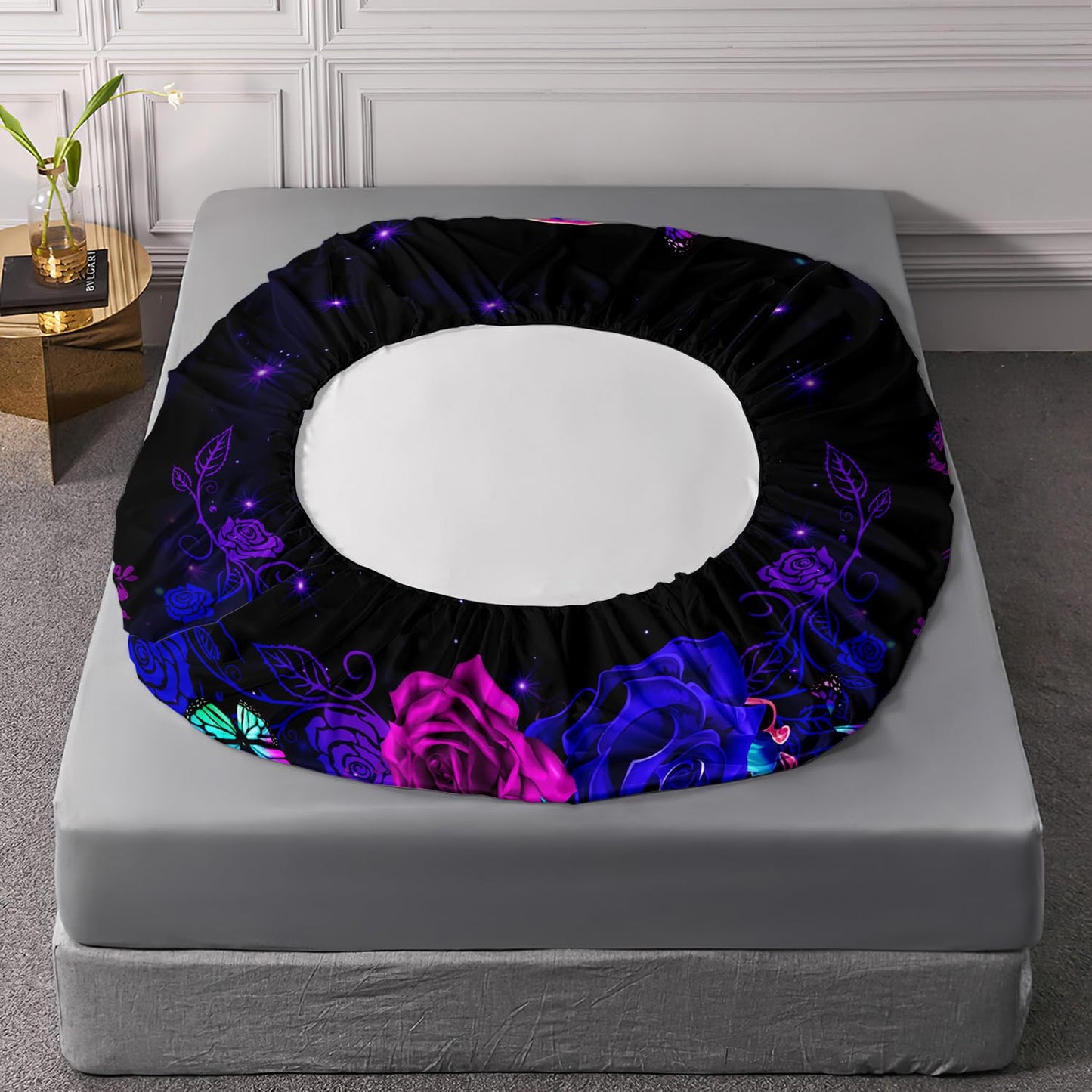 AILONEN Sugar Skull Fitted Sheet Set Queen Size, 3D Skeleton Bone Couple Bed Sheet Set,Purple Rose Skull Sheets for Boys Girls 3 Pieces, 1 Fitted Sheet and 2 Pillowcases