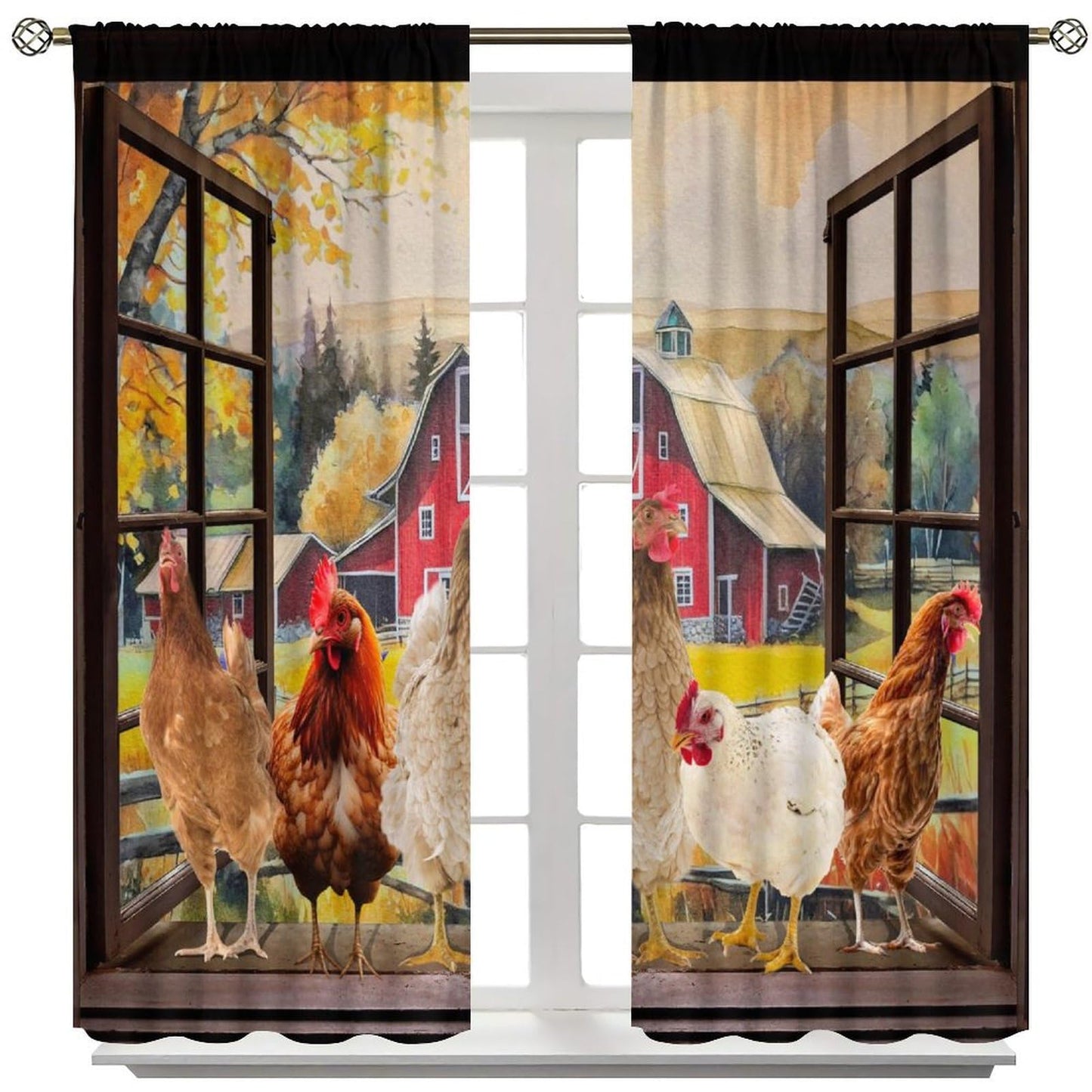 YCness Rooster Kitchen Window Curtains, Farmhouse Country Farm Animal Rustic Chicken Pattern Printed Blackout Small Short Window Drapery Treatments for Living Room Dining Room 2 Panels, 42x45 Inch