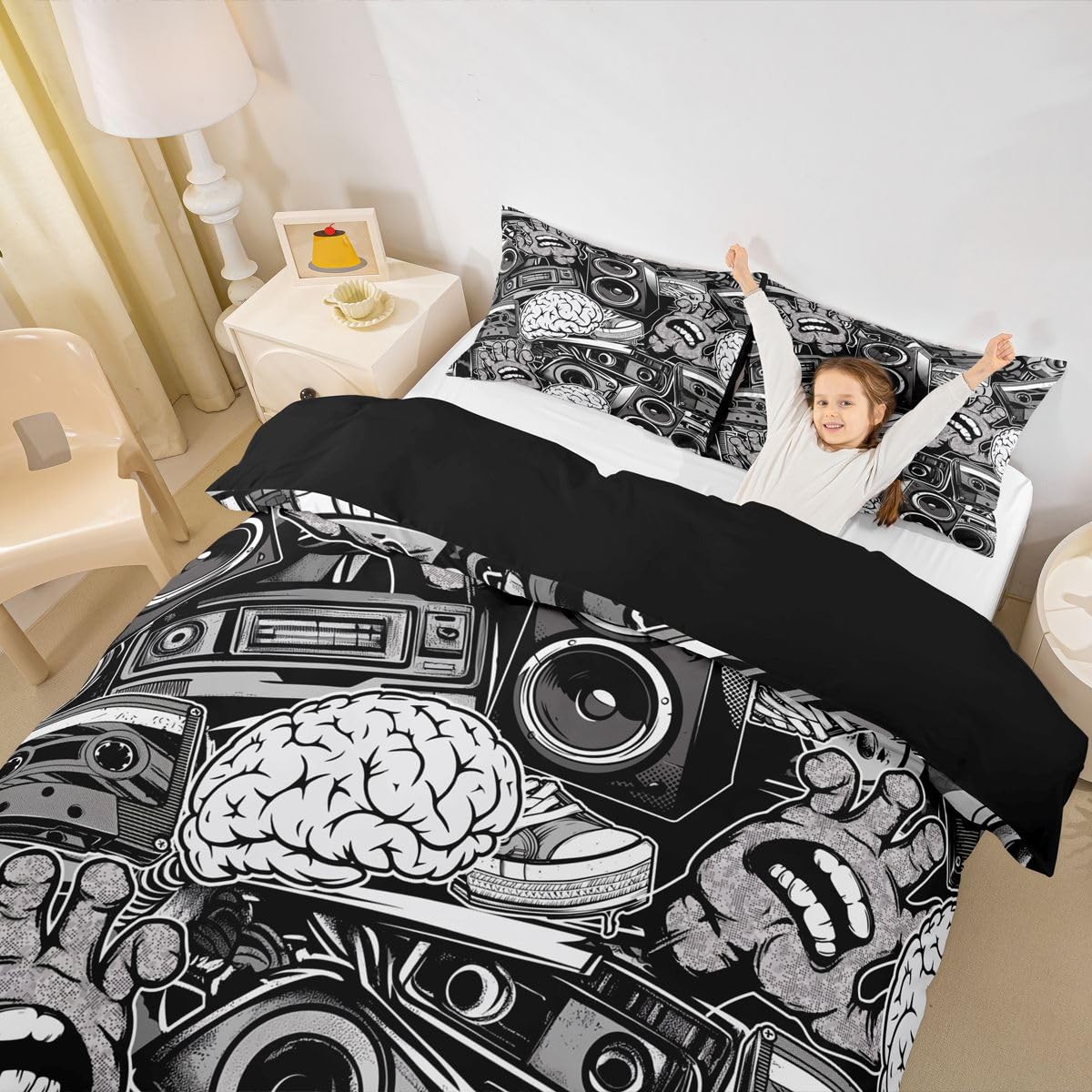 Feelyou Graffiti Bedding Set for Teens Boys King Rock Music Theme Duvet Cover Set Hip Hop Comforter Cover Set Kids Teenage Street Art Quilt Cover Hippie Room Decor Bedding with 2 Pillow Shams (3Pcs)