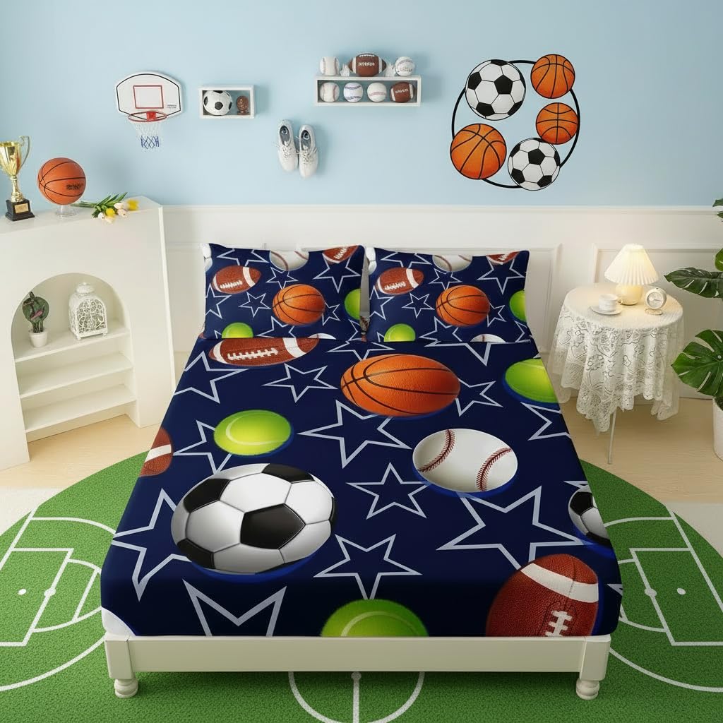 QOOMO Ball Print Kids Sheet Set Full Size,Soccer Basketball Bedding Set Lightweight for All Seasons,Blue Sets for Boy Room Decoration,1 Fitted Sheet,1 Flat Sheet,2 Pillow Cases