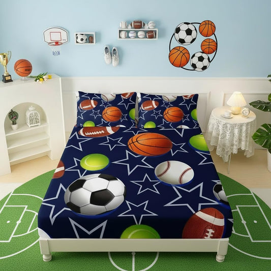 QOOMO Ball Print Kids Sheet Set Full Size,Soccer Basketball Bedding Set Lightweight for All Seasons,Blue Sets for Boy Room Decoration,1 Fitted Sheet,1 Flat Sheet,2 Pillow Cases