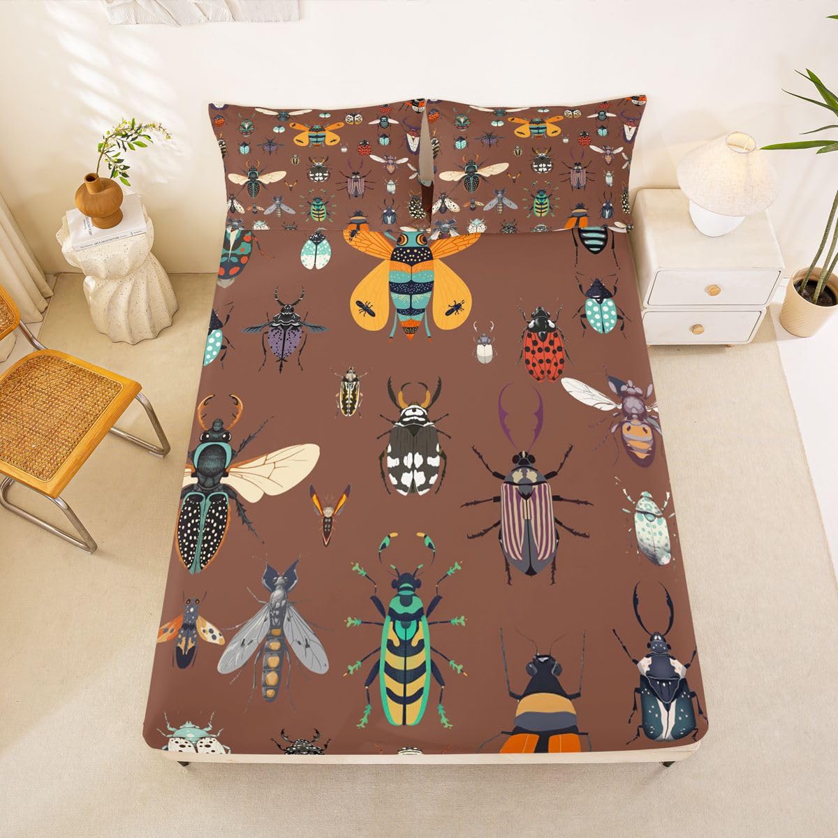Castle Fairy Cartoon Beetles 3Pcs Bed Sheets Set Twin Size Nature Animals Coleoptera Bedding Sets for Kids Girls Boys Room Decor Country Rustic Style Soft(Fitted + Flat,1 Pillowcase) Dark Brown