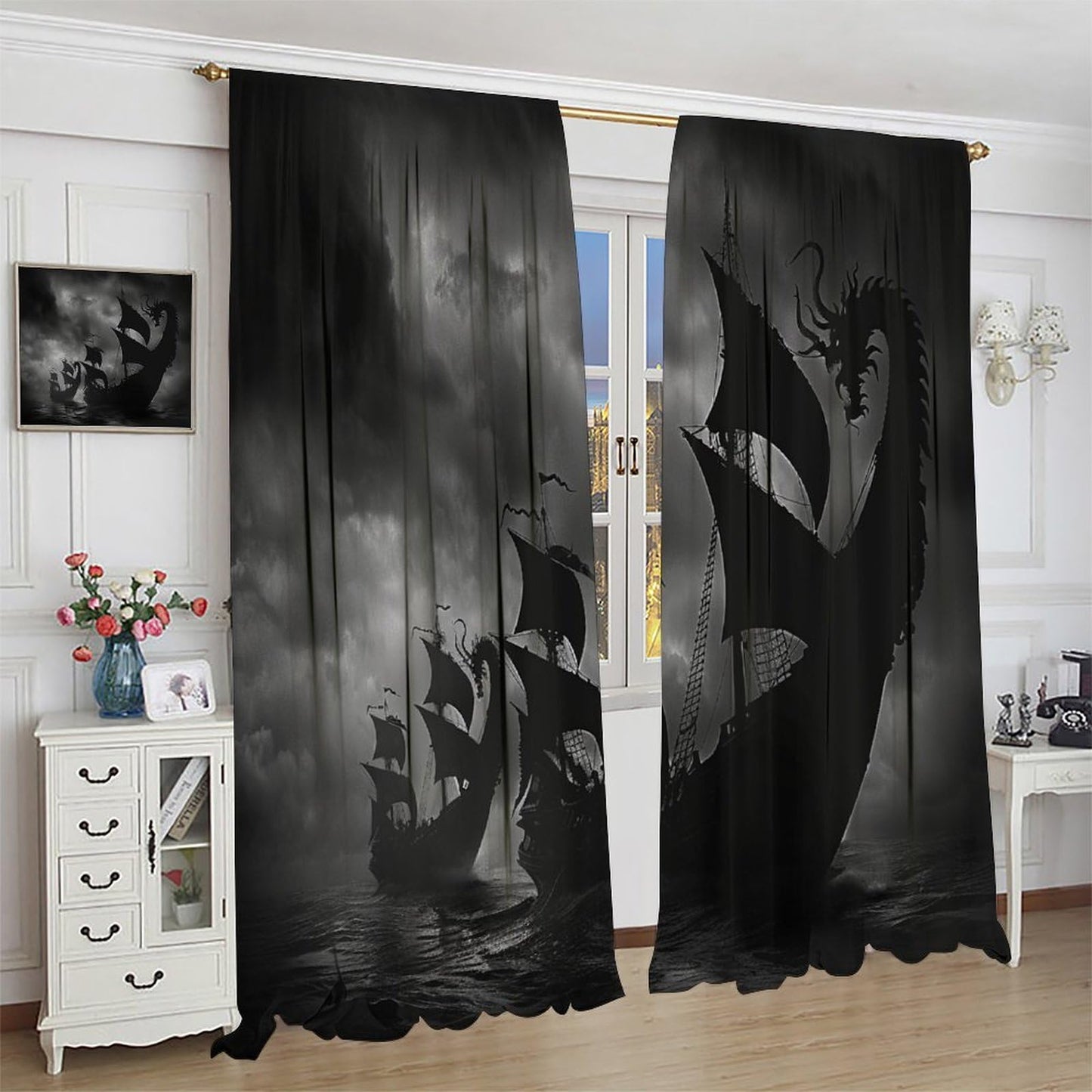 TOWINSFB Ancient Sailboat Wave Blackout Curtains, Medieval Ship Black Sky Home Decor Rod Pocket Window Drapes for Living Room Bedroom- 2 Panels, Each 63" L x 21" W