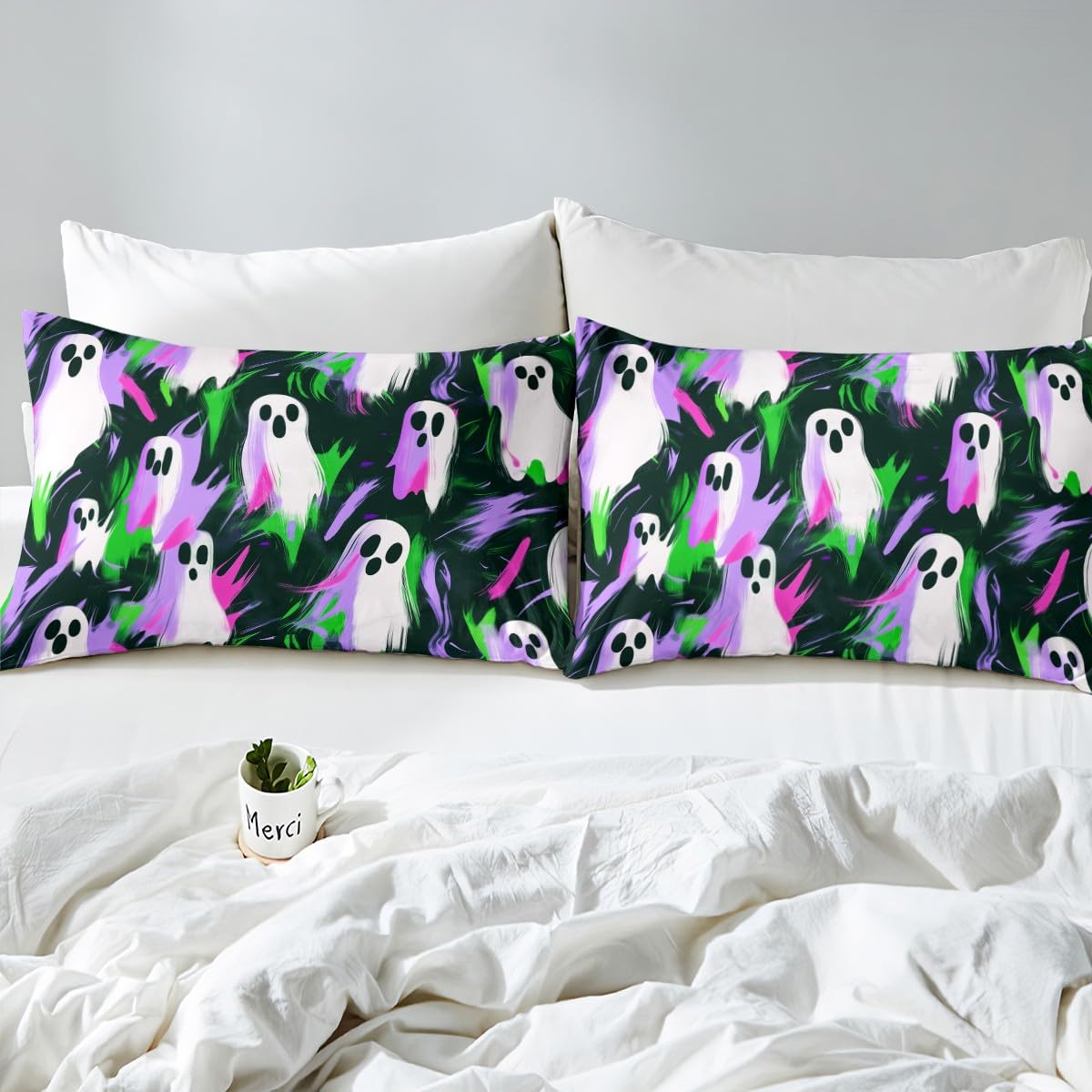 Feelyou Boys Girls Halloween Bed Sheets Set Queen Size, Cute Ghost Sheets with Deep Pocket Fitted Sheet Ghost Festival Sheet Set Kids Cartoon Teens Bedding Set Bedroom Decor with 2 Pillow Case