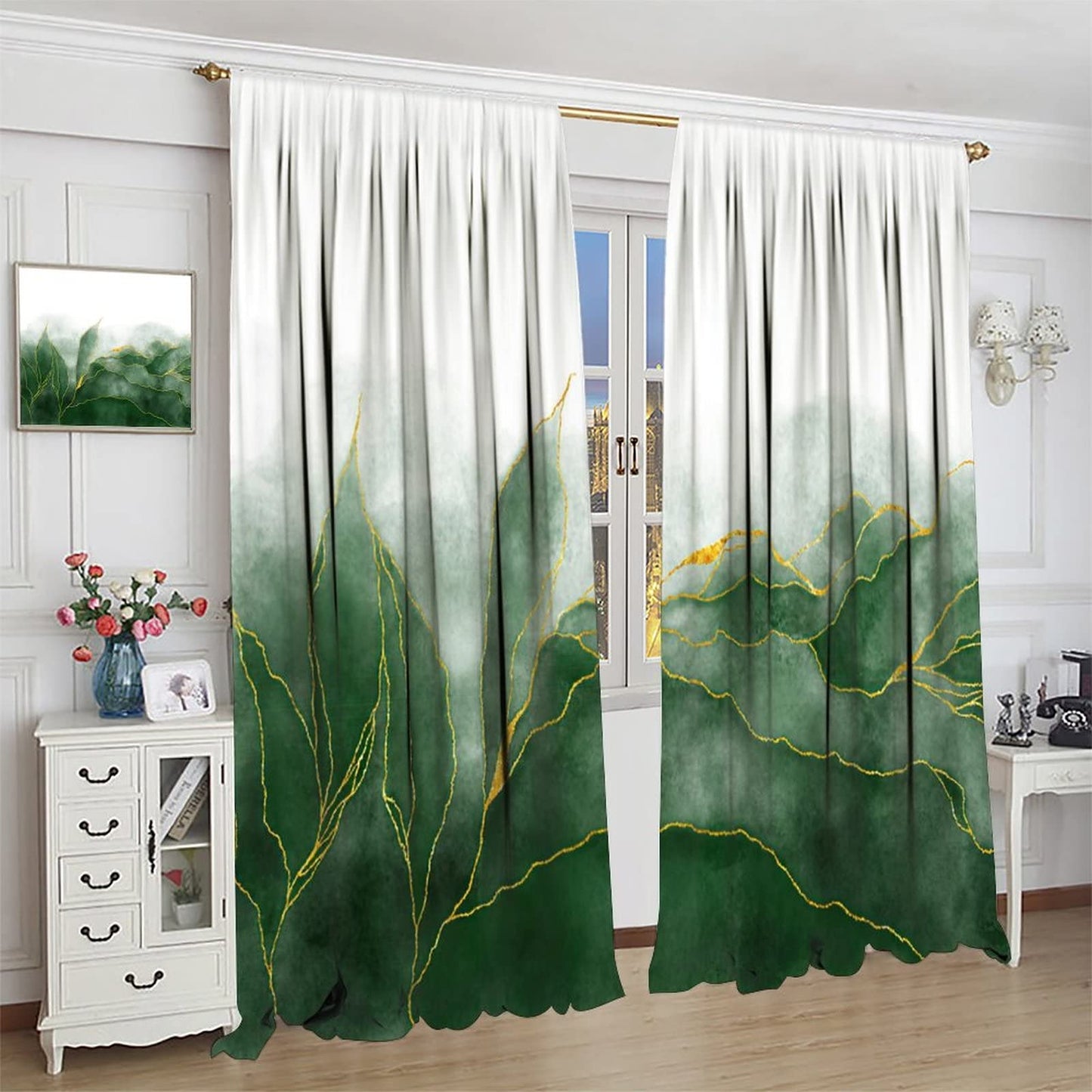 JESTRONRY Luxury Green Marble Print Curtains,Watercolor Style Texture Design Room Darkening Thermal Insulated Window Curtain Living Room Bedroom Bathroom Decor W42xL45in