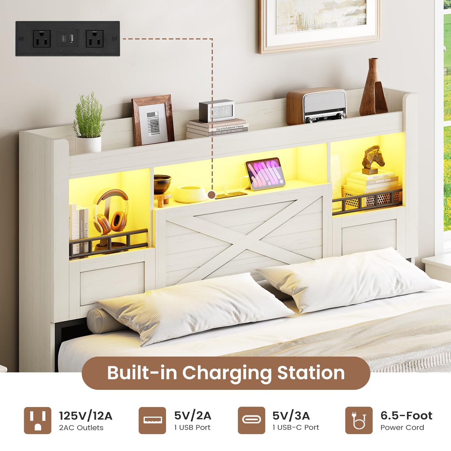 VIAGDO Farmhouse Full Size Bed Frame with Flip-Down Bookcase Storage Headboard and 4 Drawers, Rustic Wood Platform Bed Frame Full Size with Charging Station and LED Lights, No Box Spring Needed, White