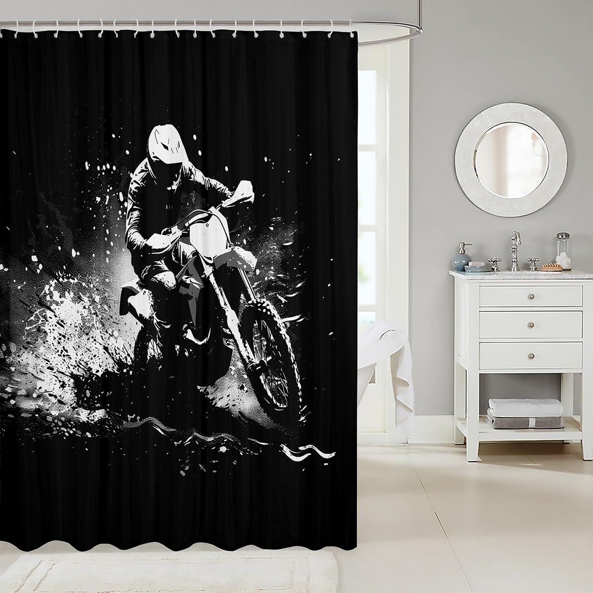 Feelyou Dirt Bike Shower Curtain 72"x72" Extreme Sports Bath Curtain Waterproof Racing Motocross Rider Bathroom Shower Curtain Set for Kids Boys Girls Motorcycle Kids Bathroom Accessories Motorbike