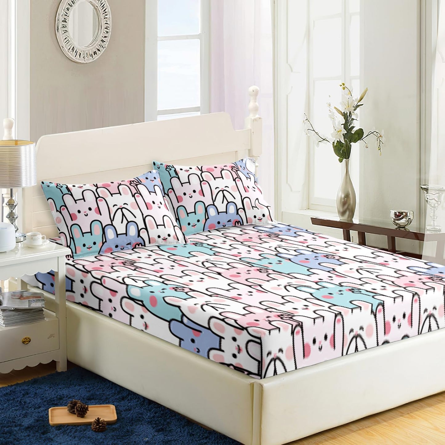 AILONEN Rabbit Fitted Sheet Set, Girls Twin Kawaii Bed Sheet Set,Cute Rabbit Bed Sheet Set,Cartoon Bunny Kids Sheet Set 3 Pieces, 1 Fitted Sheet and 2 Pillowcases