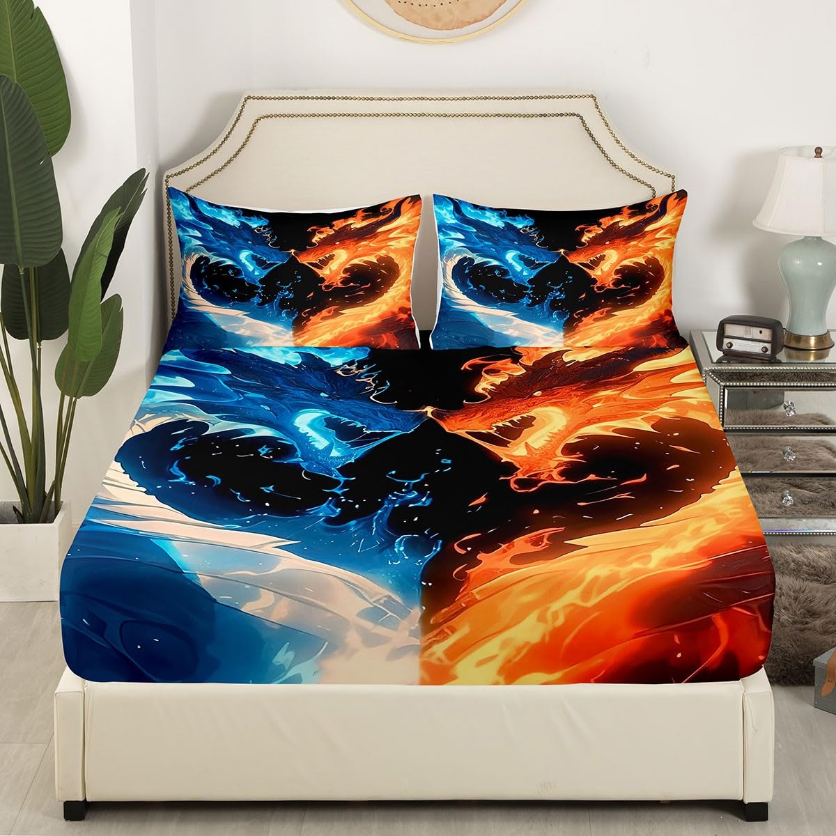 Erosebridal Dragon Bed Sheets Set Full Size for Boys, Wildlife Animals Flat Fitted Sheet Western Magical Wildlife Bedding Set for Kids Bedroom Decor, Blue Gold Bedding Sets with 2 Pillow Cases