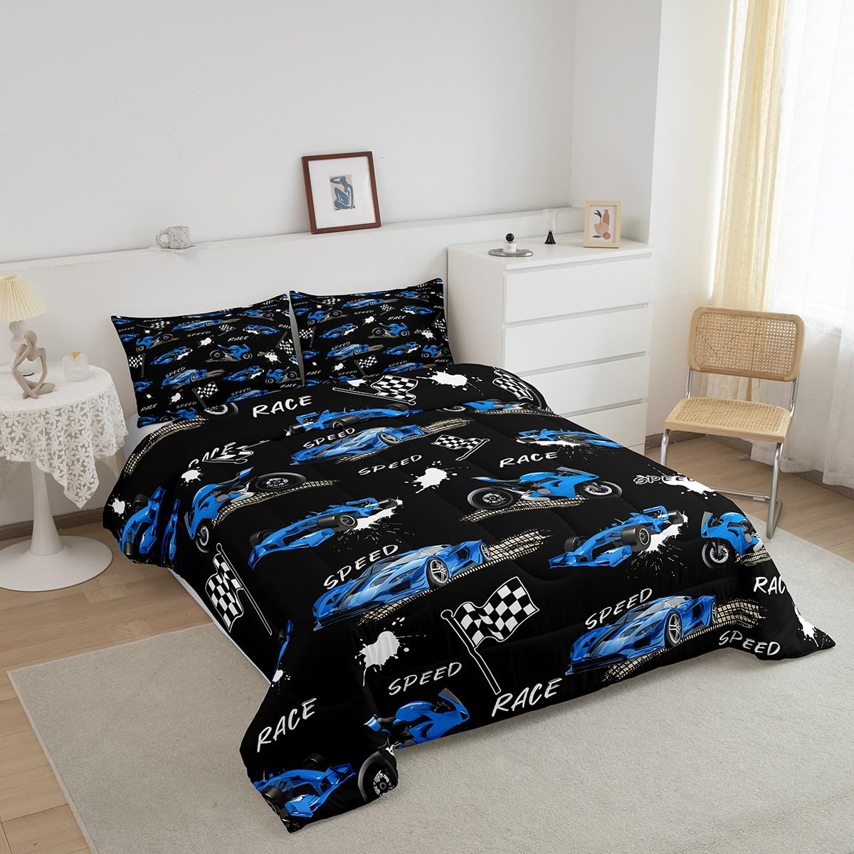 Feelyou Kids Blue Black Race Car Comforter Set Twin Size, Speed Sports Car Bedding Set Boys Girls Dirt Bike Motocross Comforter Racing Car Teens Duvet Set Bedroom Decor 2Pcs