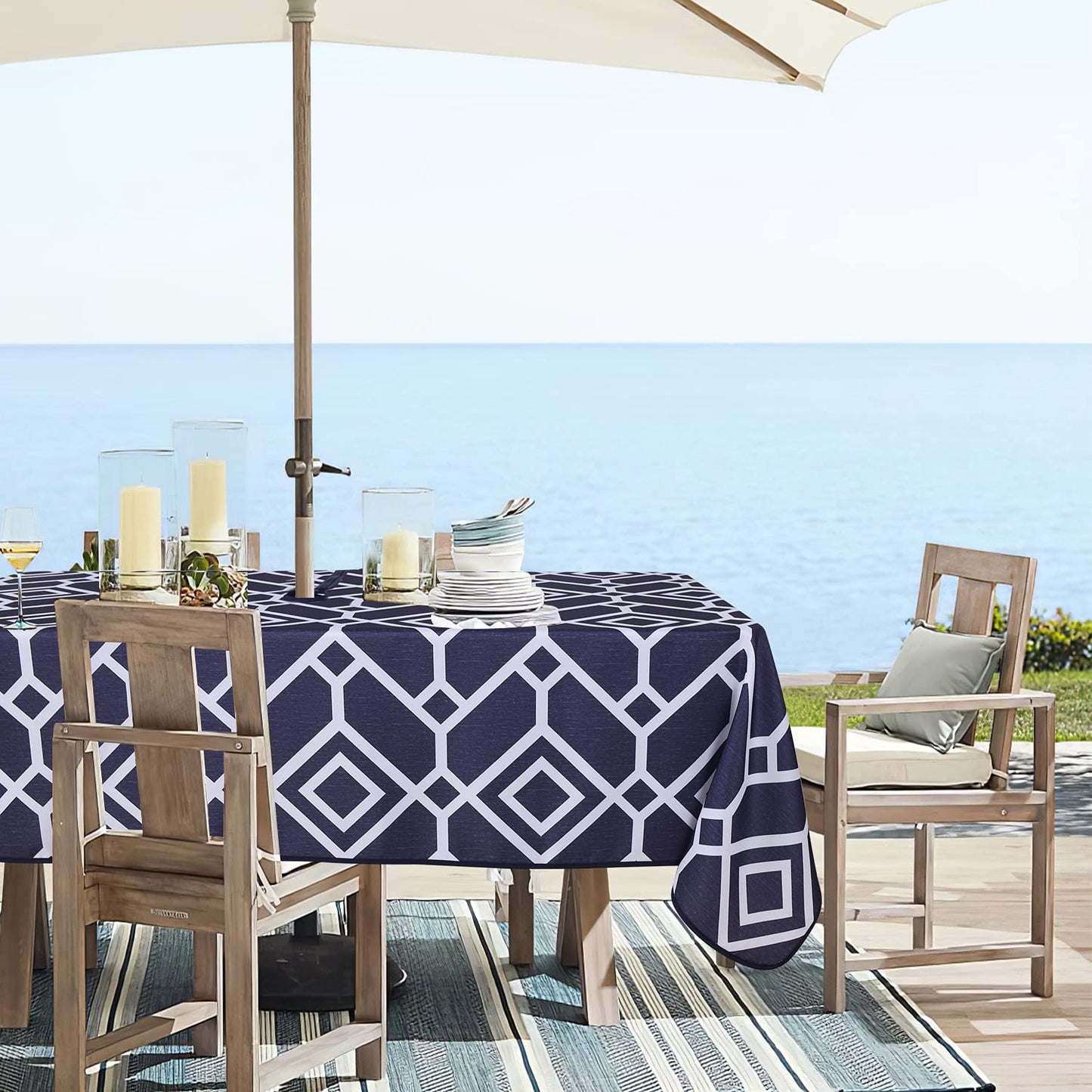 LUSHVIDA Moroccan Outdoor Tablecloth with Umbrella Hole and Zipper, 60 x 84 Inch Navy, Rectangle Waterproof Wrinkle Free Table Cloth Decorative Fabric Washable Table Cover for Patio, Party, Picnic