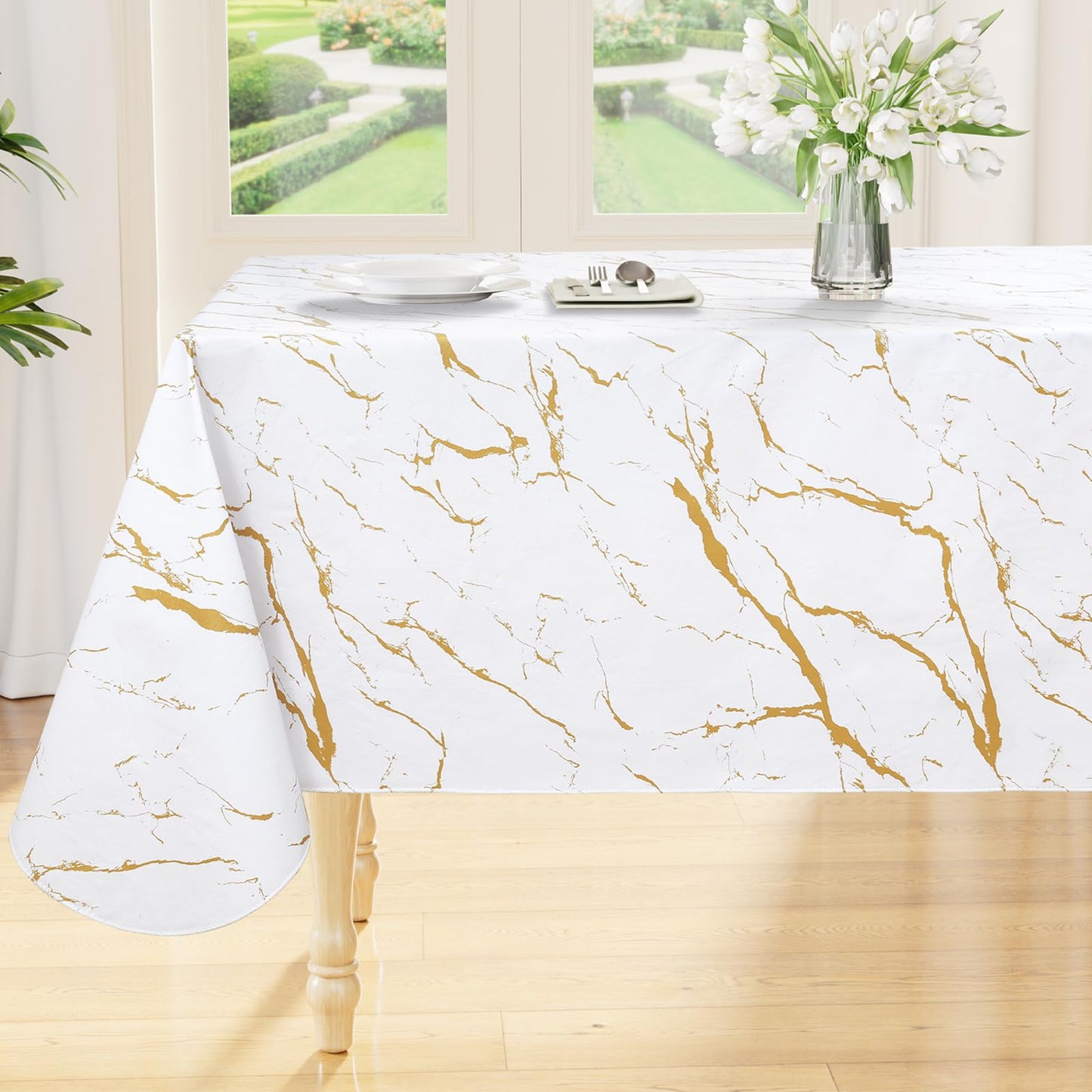 Smiry Rectangle Table Cloth, Waterproof Vinyl Tablecloths with Flannel Backing, Wipeable Spillproof Plastic Table Cover for Dinner and Outdoor (White & Gold, 60 "x 84")