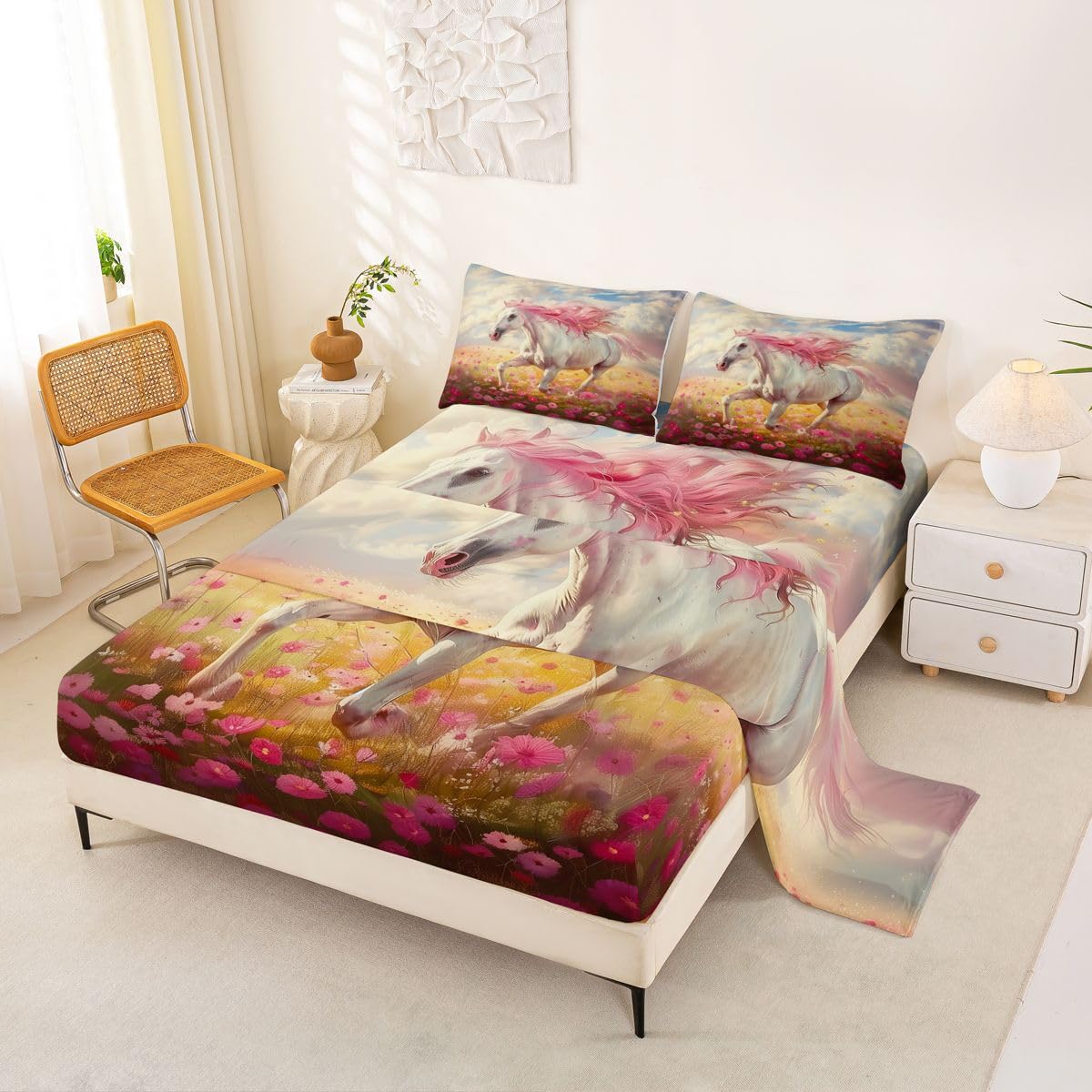 jejeloiu Galloping Horse Bed Sheets Set Queen Size Colorful Flower Deep Pocket Fitted Sheet Rustic Farmhouse Bedding Sets Wild Animal Soft Bed Set 4Pcs with 2 Pillow Cases