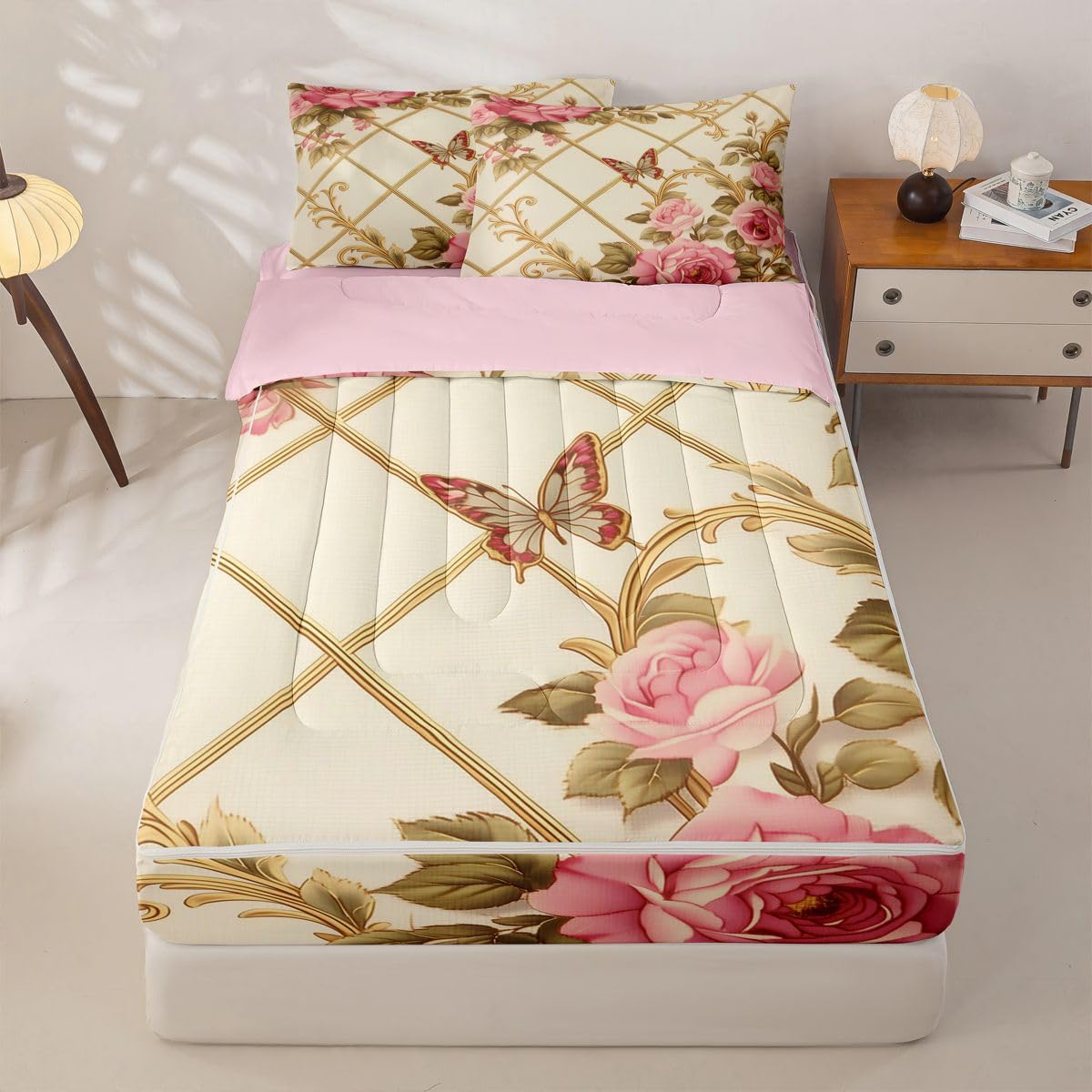 Erosebridal Victorian Rose Zip Up Comforter Set Butterflies Twin Zipper Bedding Gold Trim Print Bed Set with Sheets Romantic Floral Bed in a Bag Bedroom Decor