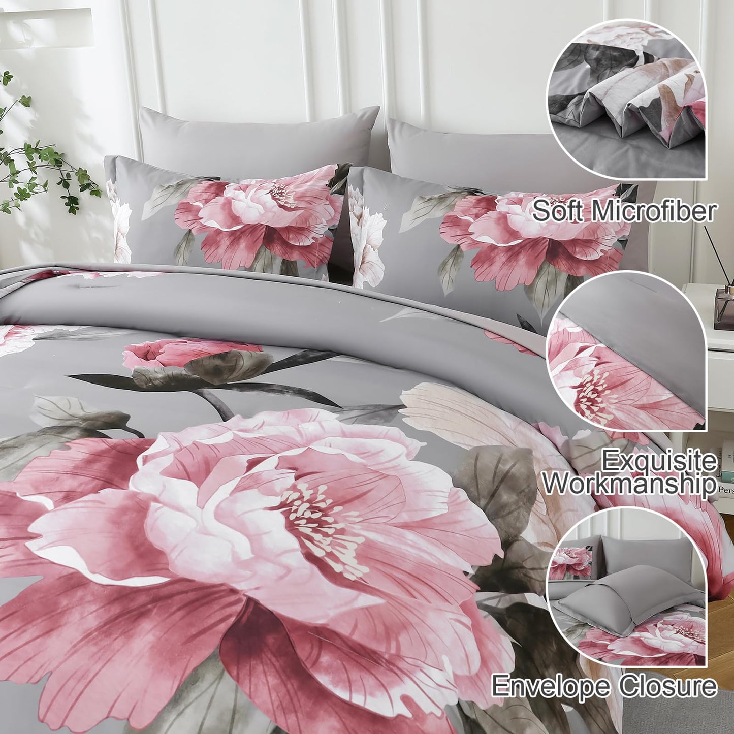 Dobuyly Pink and Grey Comforter Set Queen Size 7 Piece Bed in a Bag, Floral Printed on Gray Comforter Set with Sheets, Soft Microfiber Botanical Complete Bedding Set for All Season