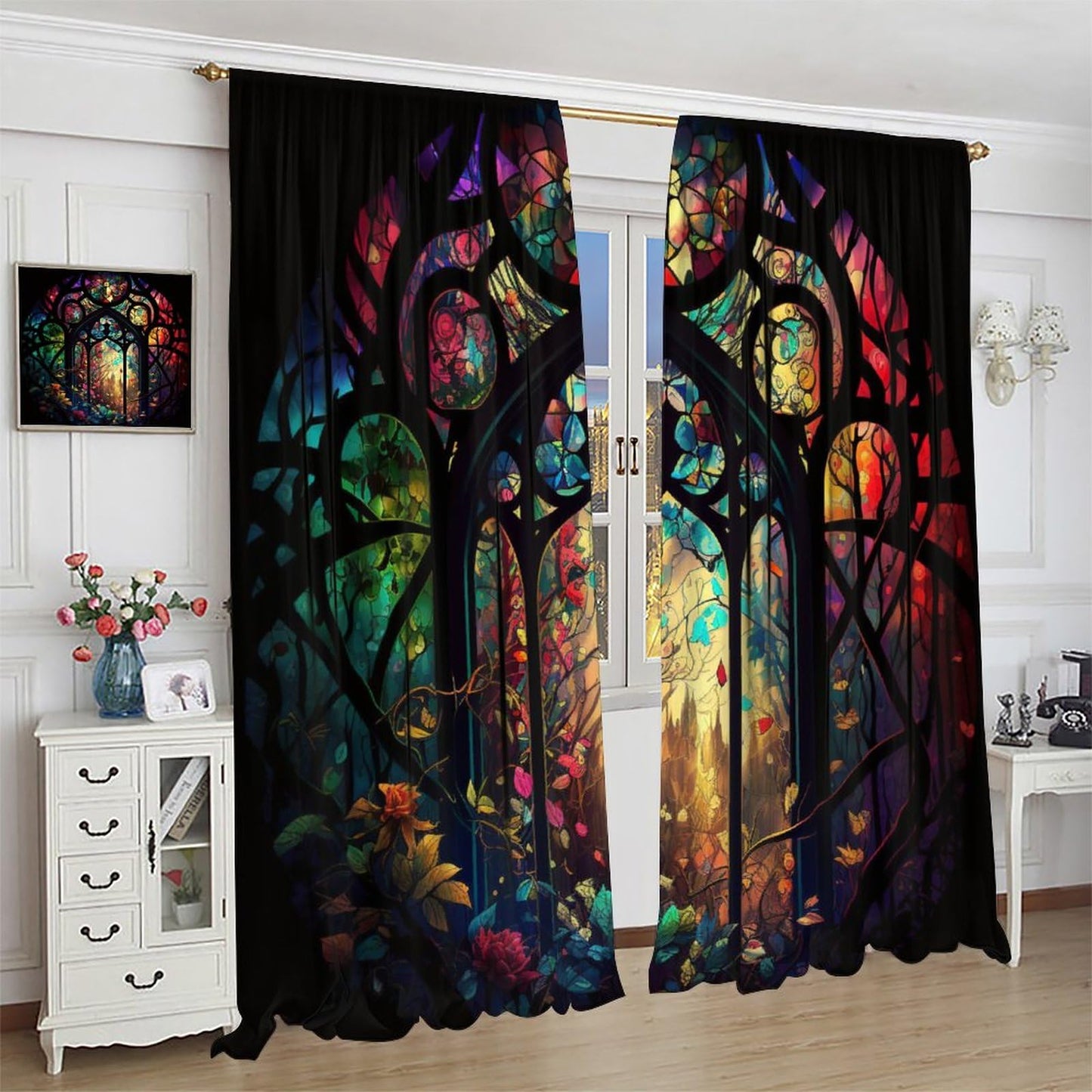 BenYaSong Castle Window Curtain, Arched Door Through Fairy Tale Forest, 2 Panels, 42x45 Inch, Blackout, Rustic Abstract Medieval Gothic