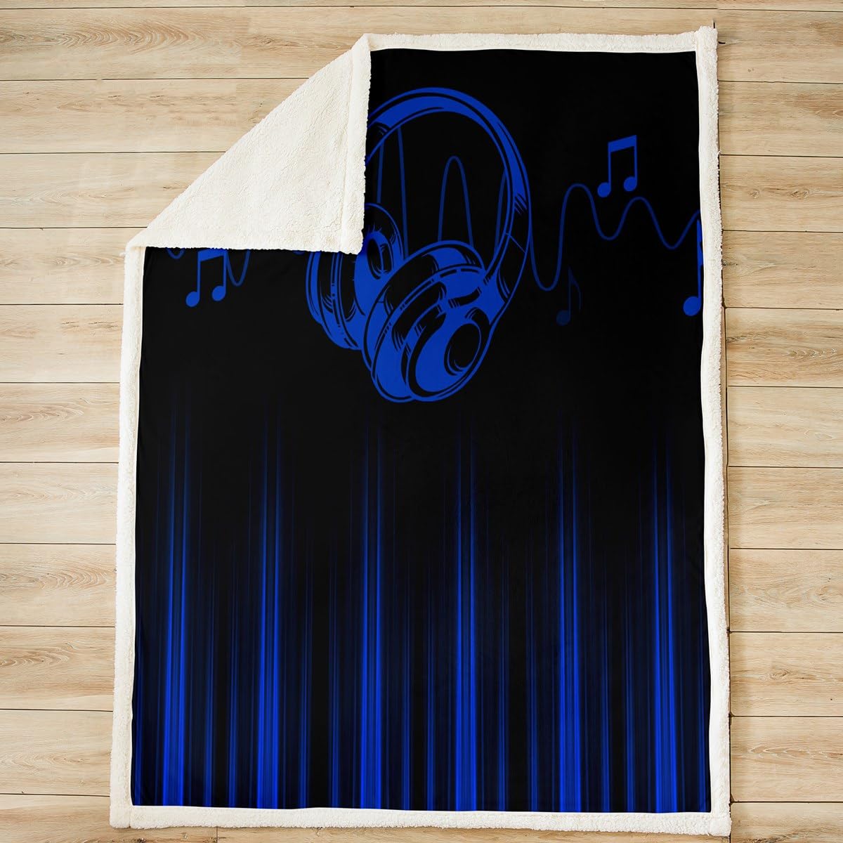 Feelyou Abstract Ombre Fleece Throw Blanket Throw 50"x60" Kids Blue and Black Musical Plush Blanket for Bed Sofa Couch Boys Girls Teens Music Themed Sherpa Blanket Geometric Striped Fuzzy Blanket