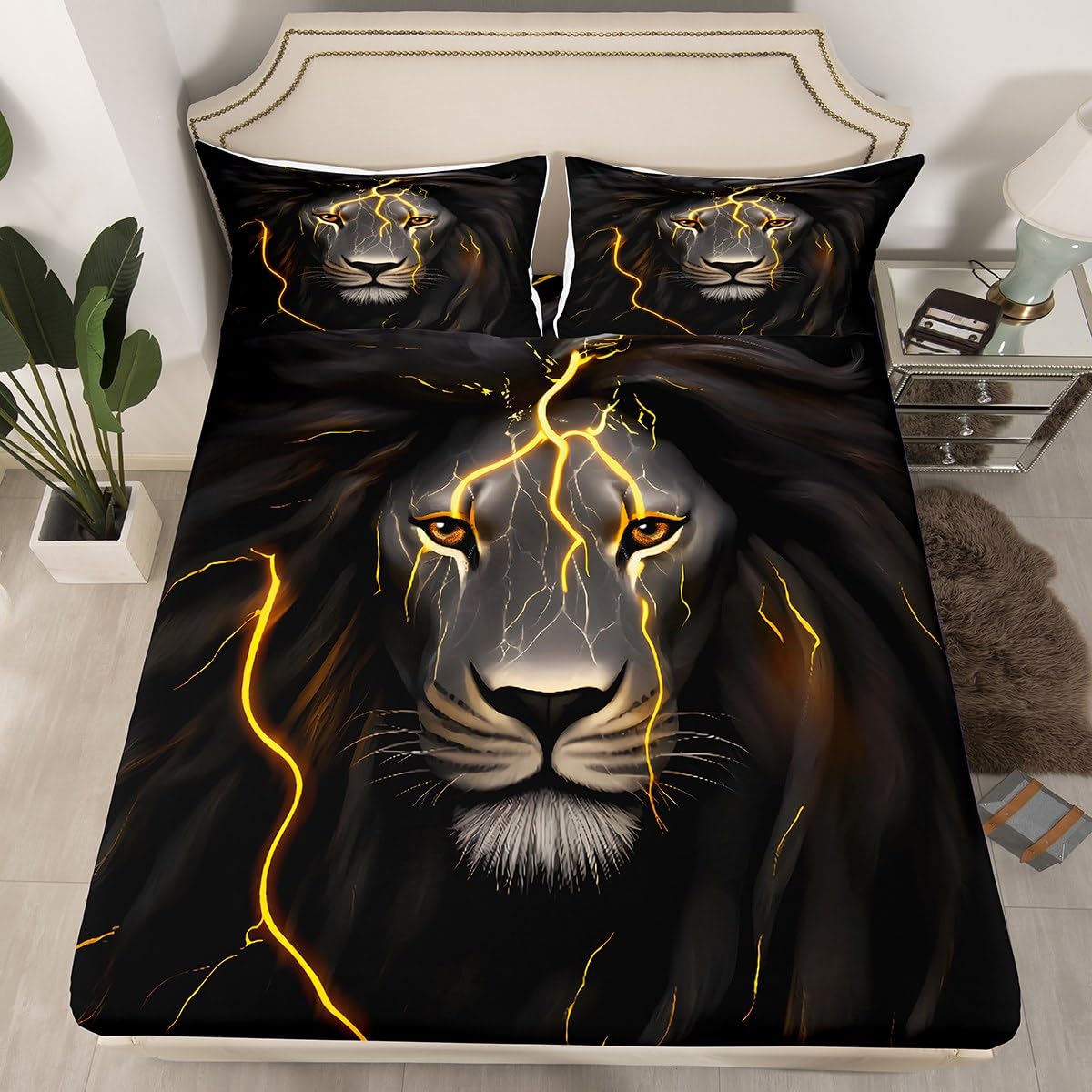 Erosebridal Lion Bed Sheet Set King Gold Lightning Lion Head Bed Sheets Black Grey Wildlife Bedding Sets for Kids Boys Teens Adults Men Wild Animal Fitted Sheet & Flat Sheet 2 Pillow Cases