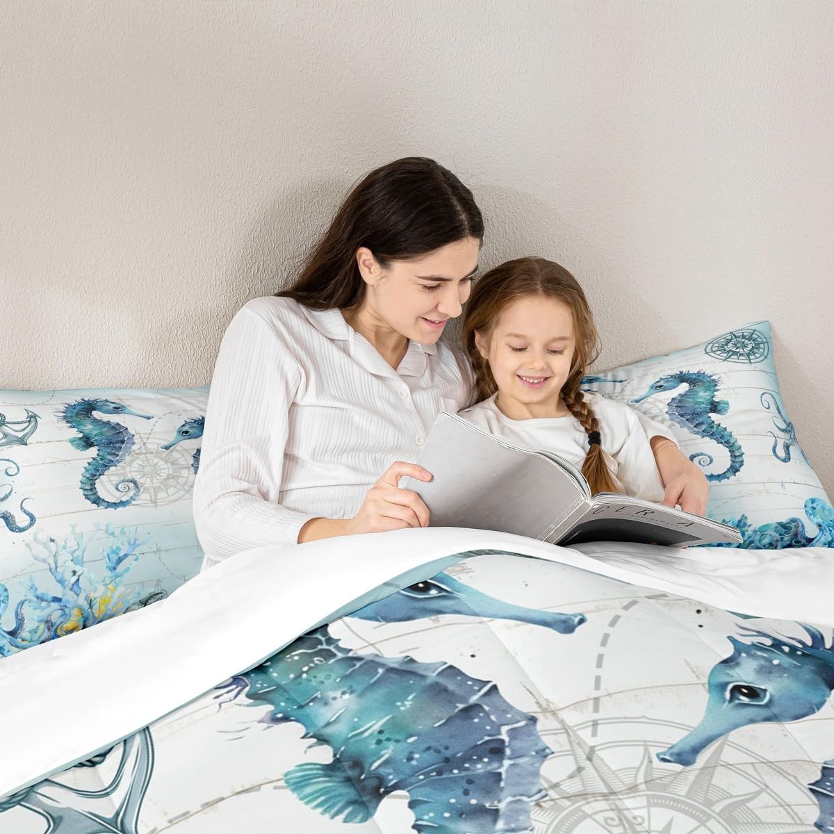 Manfei Hippocampus Comforter Set Twin Size, Sea Turtle Seahorse Octopus Quilt Set with 1 Pillowcase, Nautical Anchor Compass Bedding Set 2pcs for Kids Boy Girls Marine Life Duvet Insert