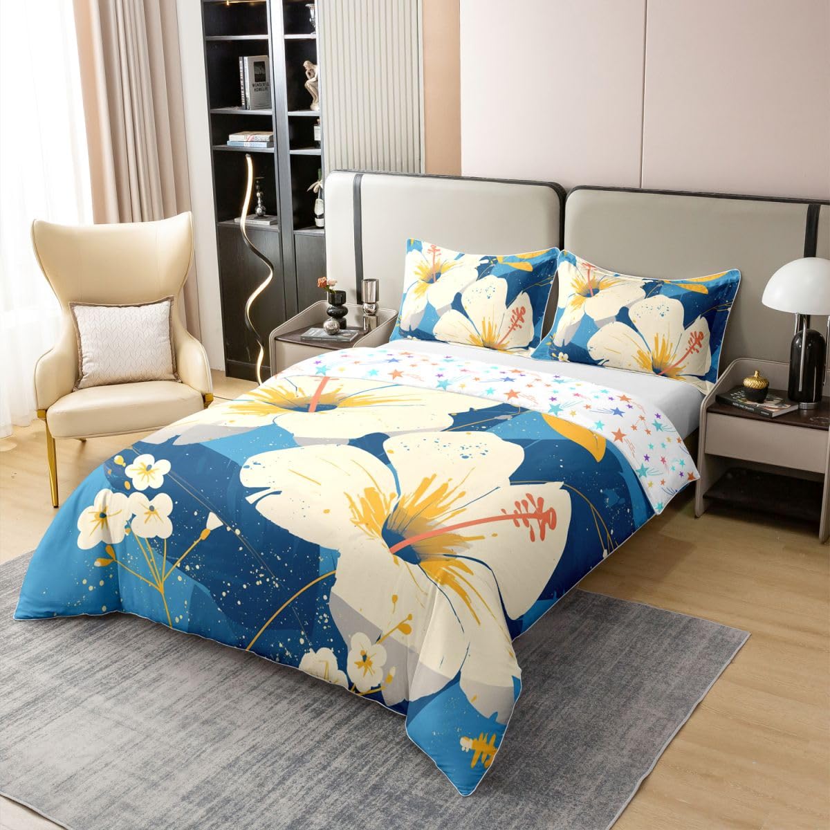 Erosebridal Summer Florals 100% Cotton Duvet Cover Full Beige Flower Bedding Set for Kids Girls Boys Adults Beige Blue Comforter Cover Spring Garden Botanical Bedclothes 3 Pcs