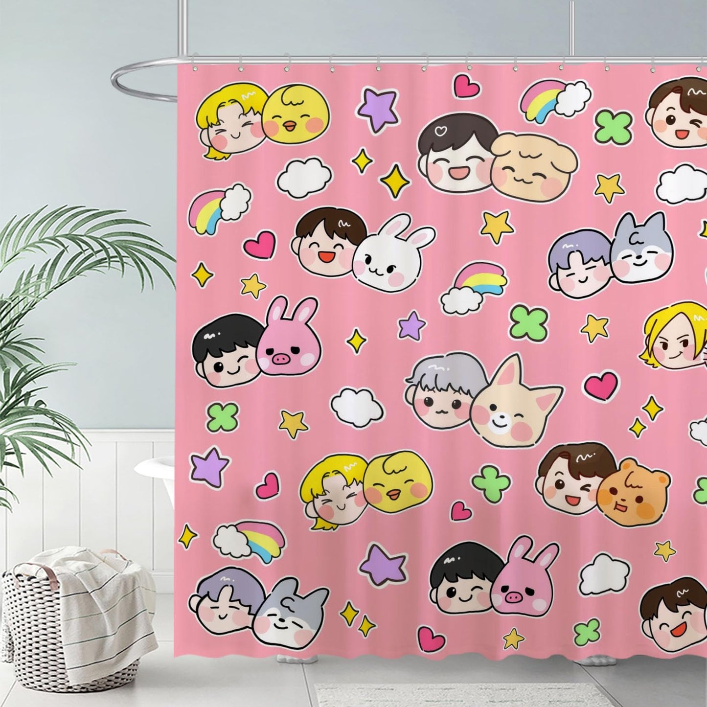 Funnytree Cute Korean Music Pink Shower Curtain 72"x72" - Waterproof Fabric Bathroom Decor for Women,Teens,Daughter,Fans,Girls, Durable Easy Care Washable (Hooks Not Included)