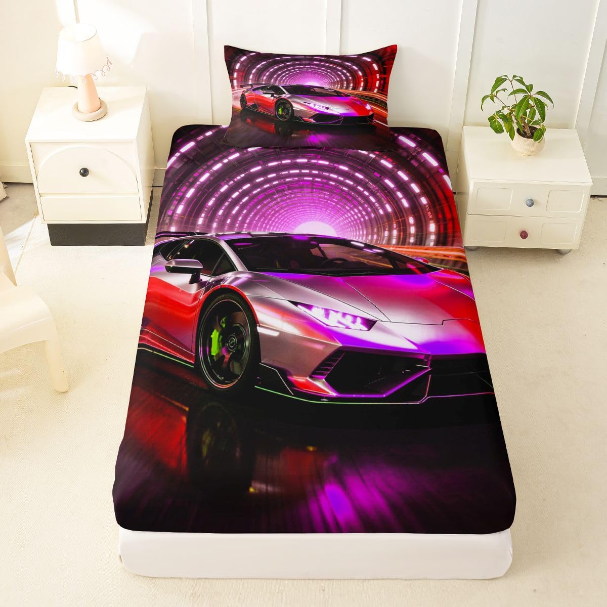 Feelyou Boys Sports Car Fitted Sheet with 1 Pillowcase Twin Size Pink Racing Car Bed Sheets Set 16" Deep Pocket Boys Girls Extreme Sports Bedding Teens Bedroom Decor Breathable Soft Lightweight