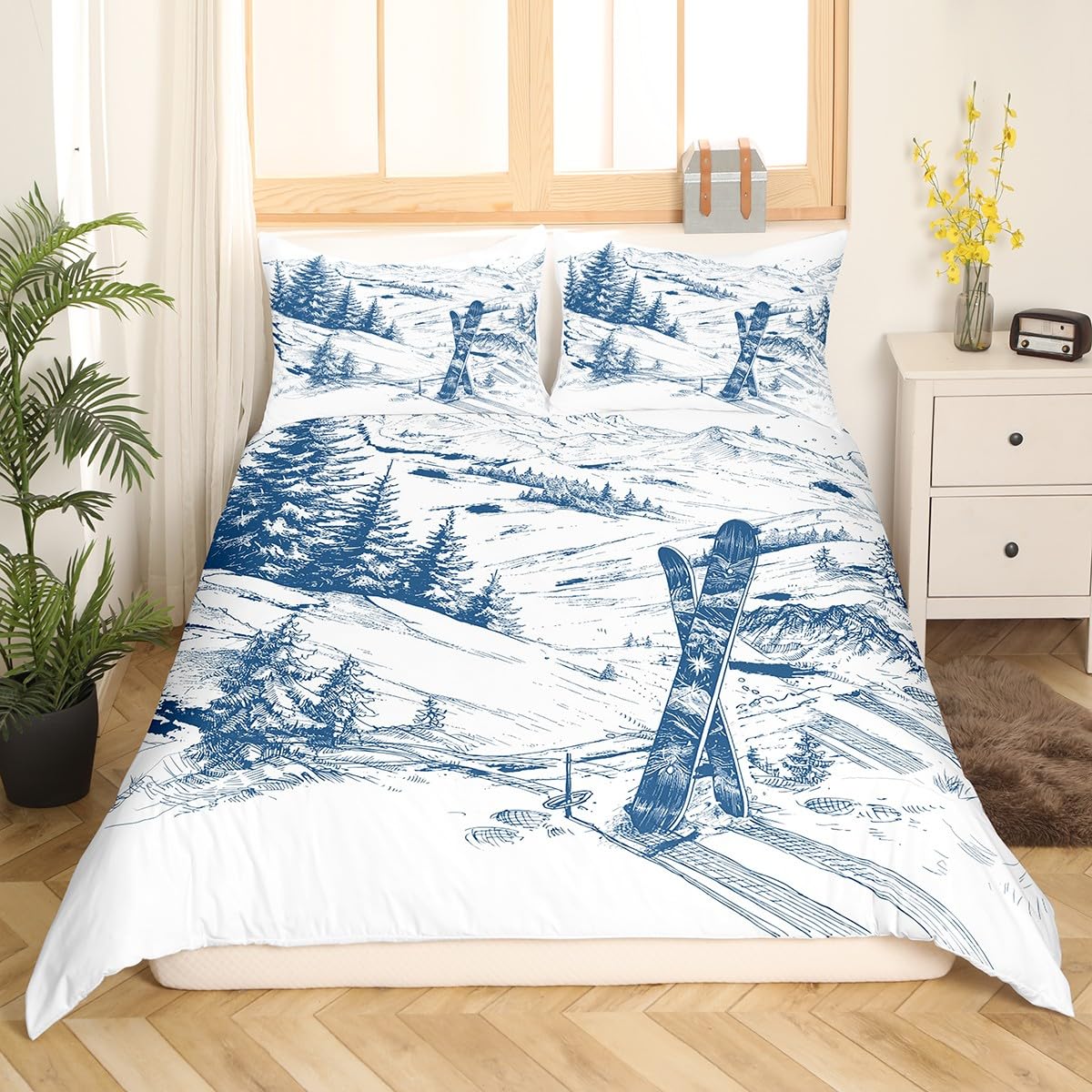 Erosebridal Ski Sports Duvet Cover King Size for Boys Kids Teens Men Winter Sports Ski Theme Comforter Cover Set with Zipper Ties Soft Microfiber Snow Mountain Landscape Bedding Set for Adult Men