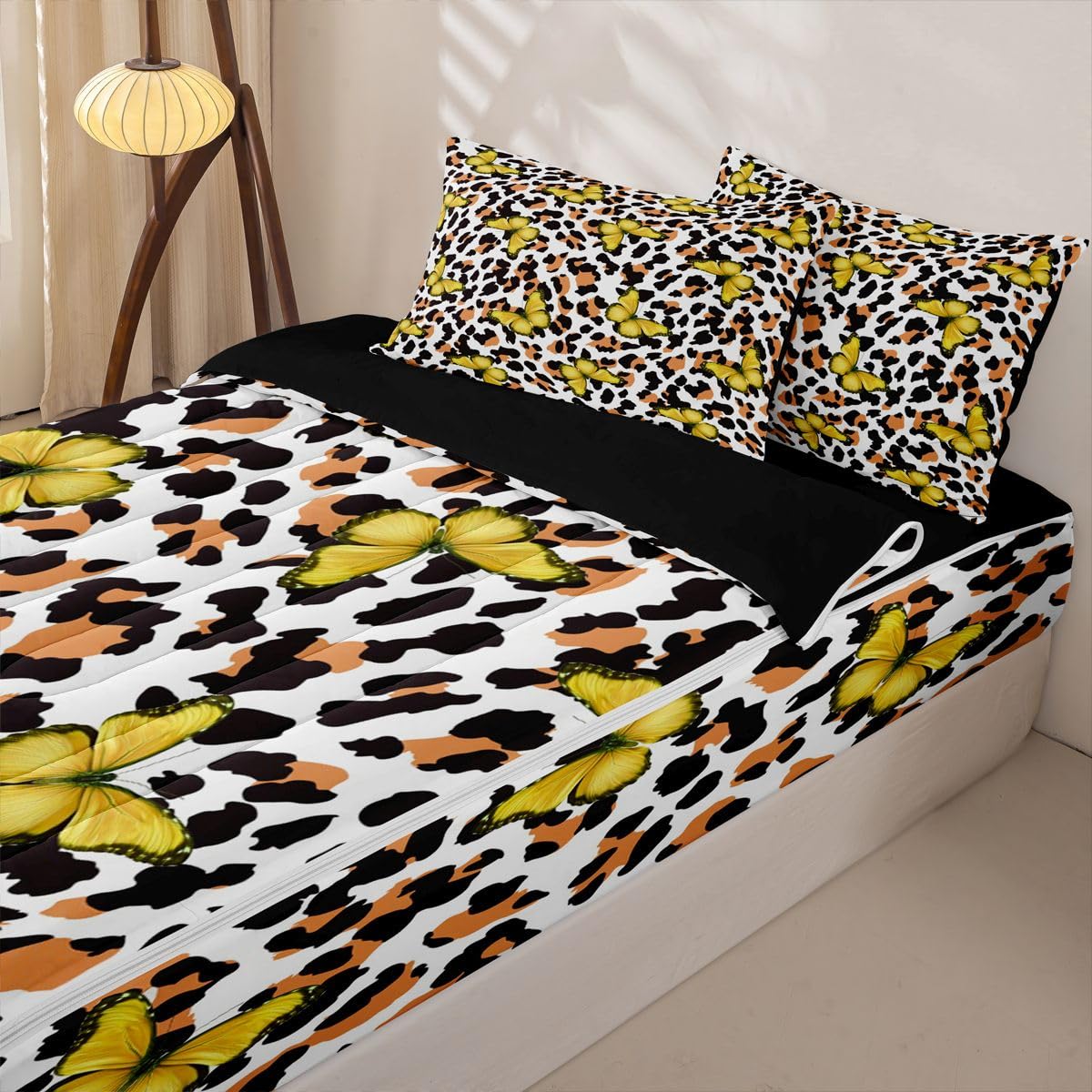 Feelyou Leopard Print Zipper Bedding Queen Yellow Butterfly Zipper Bedding Sets for Kids Boys Girls Girl Butterflies Comforter Set with Fitted Sheet and 2 Pillowcases Bedroom Decor