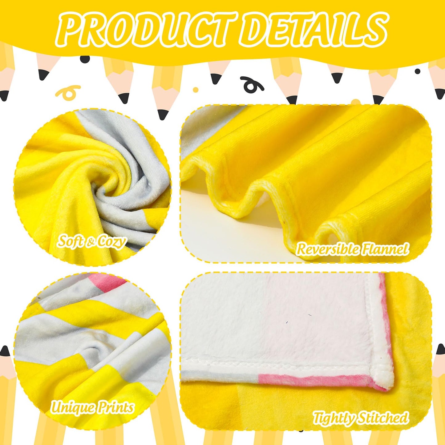 JarThenaAMCS Back to School Blanket Throw Blanket Soft Yellow Pink Pencil Plush Blankets for First Day of School Party Home Office Decor, 50 x 60 Inch