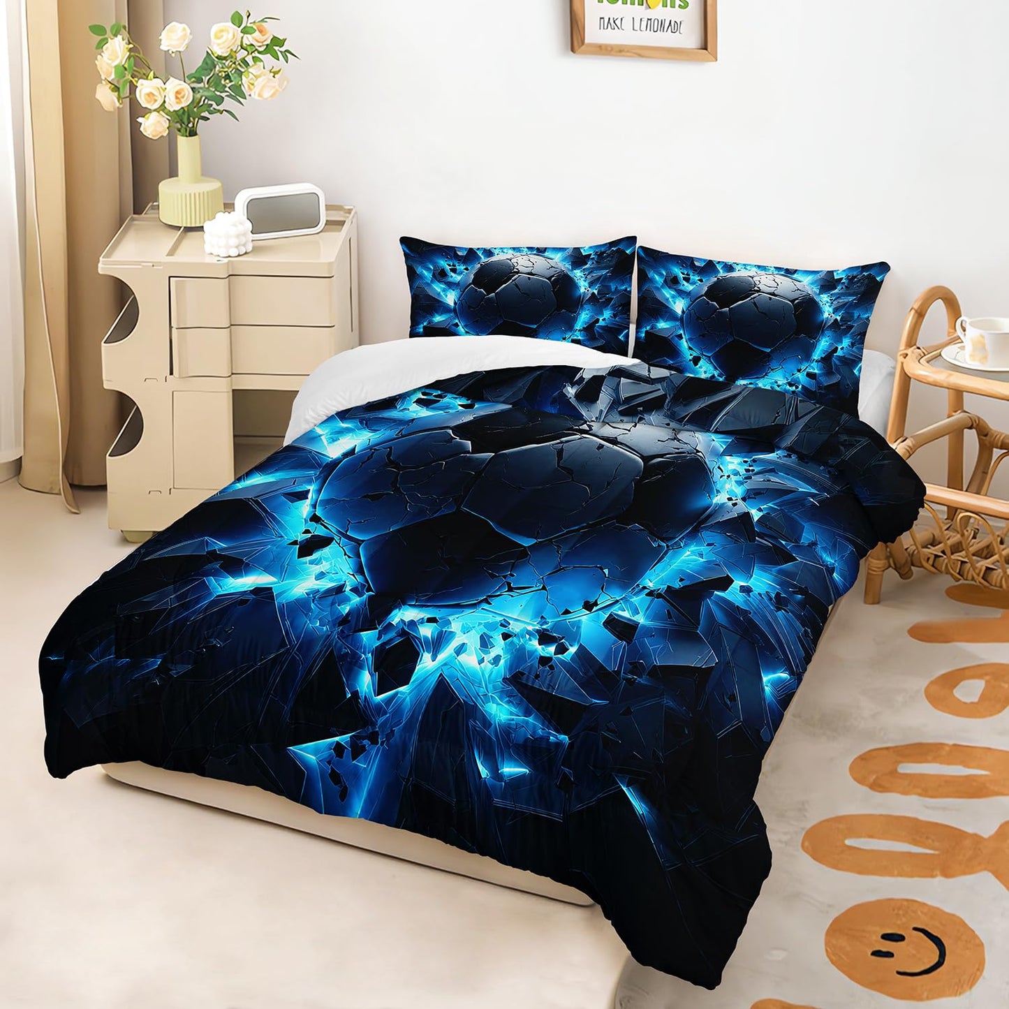 Soccer Print Comforter 3Pcs Twin Blue Sport Soccer Broken Wall Bedding Set