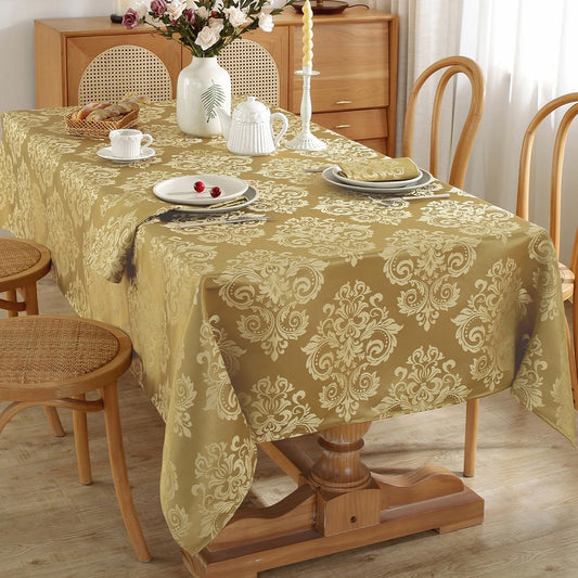 SASTYBALE Damask Gold Tablecloth Rectangle 52 x 70 Inch, Floral Jacquard Spill Proof Washable Polyester Table Cloth, Soft Table Cover for Dining/Party/Wedding/Indoor/Outdoor