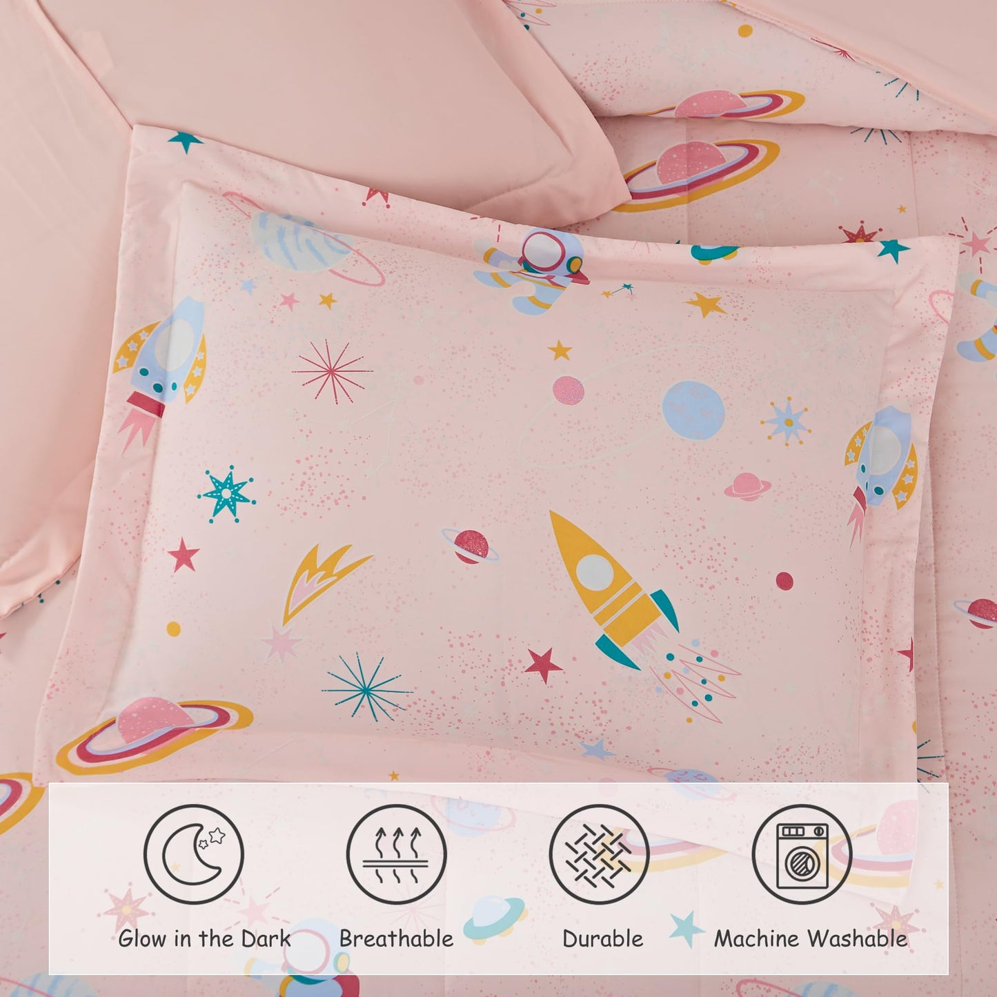 Wink Deer Twin Comforter Set for Girls-3 Pieces Space Glow in the Dark Twin Bedding Sets for Kids,1 Comforter,1 Sham and 1 Decor Pillow