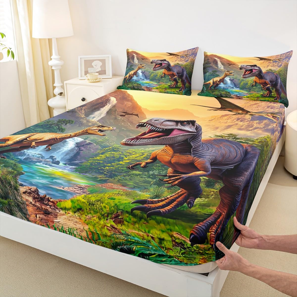 Erosebridal Kids Cartoon Dinosaur Bed Sheets King Boys Jungle Dino Sheet Set, 3D Ancient Animals Fitted Sheet, Child Flat Sheet, Dinosaur Room Decor, 2 Pillow Cases