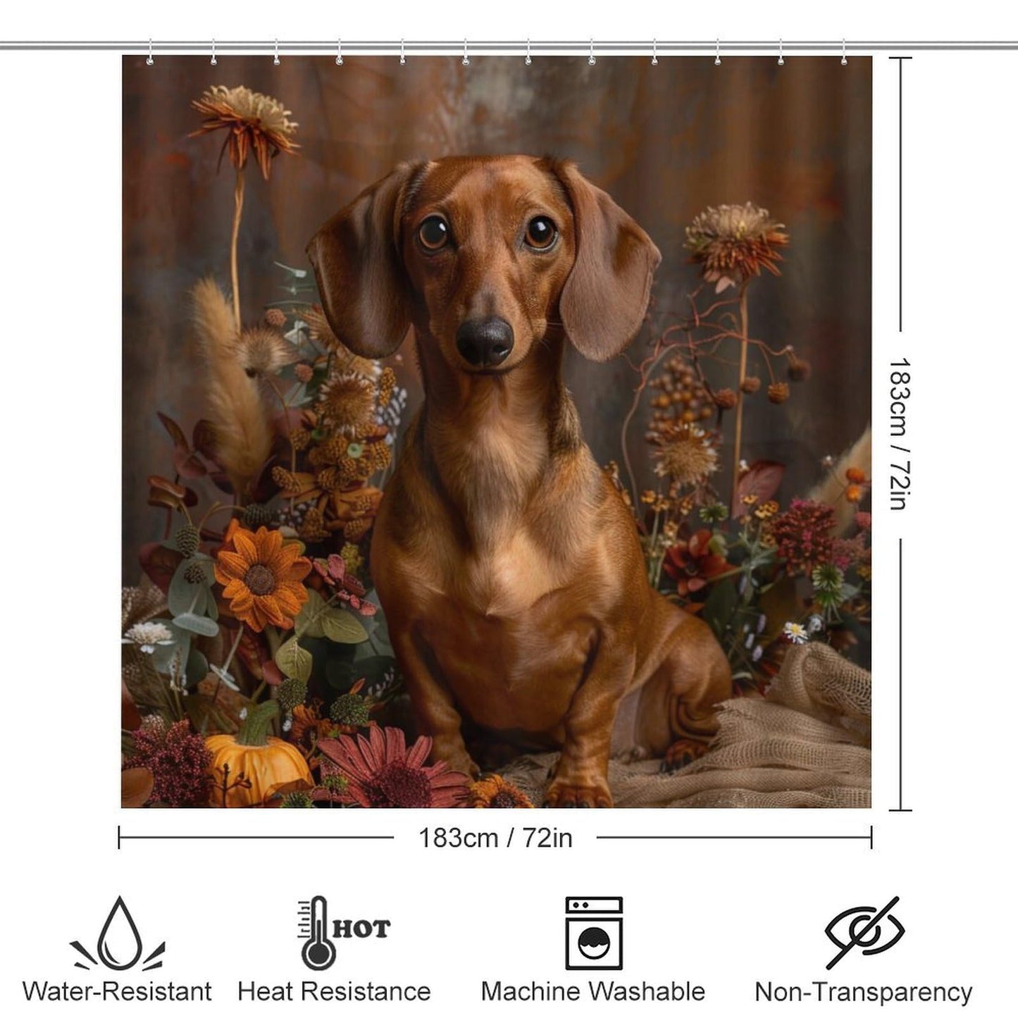 TOWINSFB 4Pcs Cute Dachshund Sunflower Shower Curtain Set with Toilet Lid Cover Non-Slip Rugs for Bathroom, Playful Dog Retro Floral Daisy Shower Curtain Bathroom Sets with Hooks, 72x72 Inch