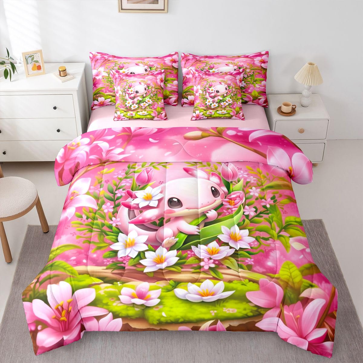 Erosebridal Romantic Axolotl Twin Size Bedding Set for Kids Girls Teens Pink Floral Axolotl 7 Pieces Comforter Set with Sheets Girly Cute Cartoon Animal Bed in a Bag Garden Botanical Flowers Bed Sets