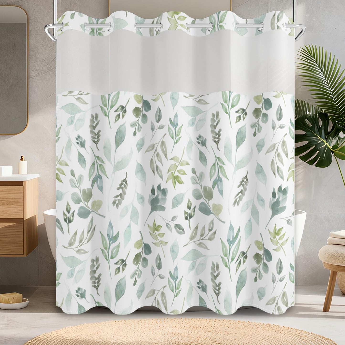 No Hook Shower Curtain with Snap in Fabric Liner Set, Waterproof & Washable, Boho Green Botanical Leaf Floral Shower Curtains for Bathroom, Rustic Modern Hotel Style Plant Bathroom Curtain, 71x74 inch