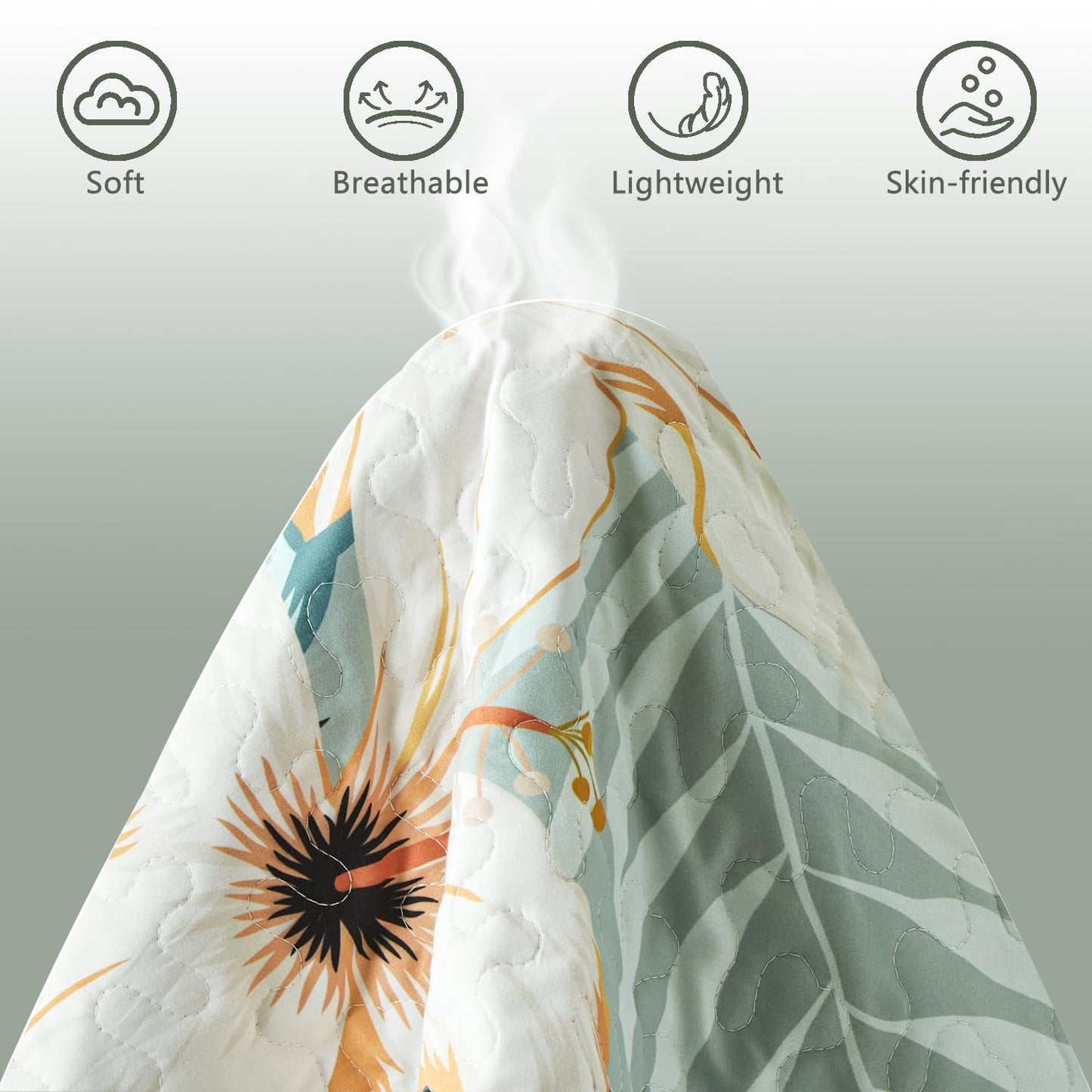 Yogeneg King Quilt Bedding Set,White Botanical Pattern Sage Green King/Cal King Quilt Set,3 Piece Lightweight Soft Summer Bedspread Coverlet with 2 PIillow Shams,All Season(Sage Green,110"x96")