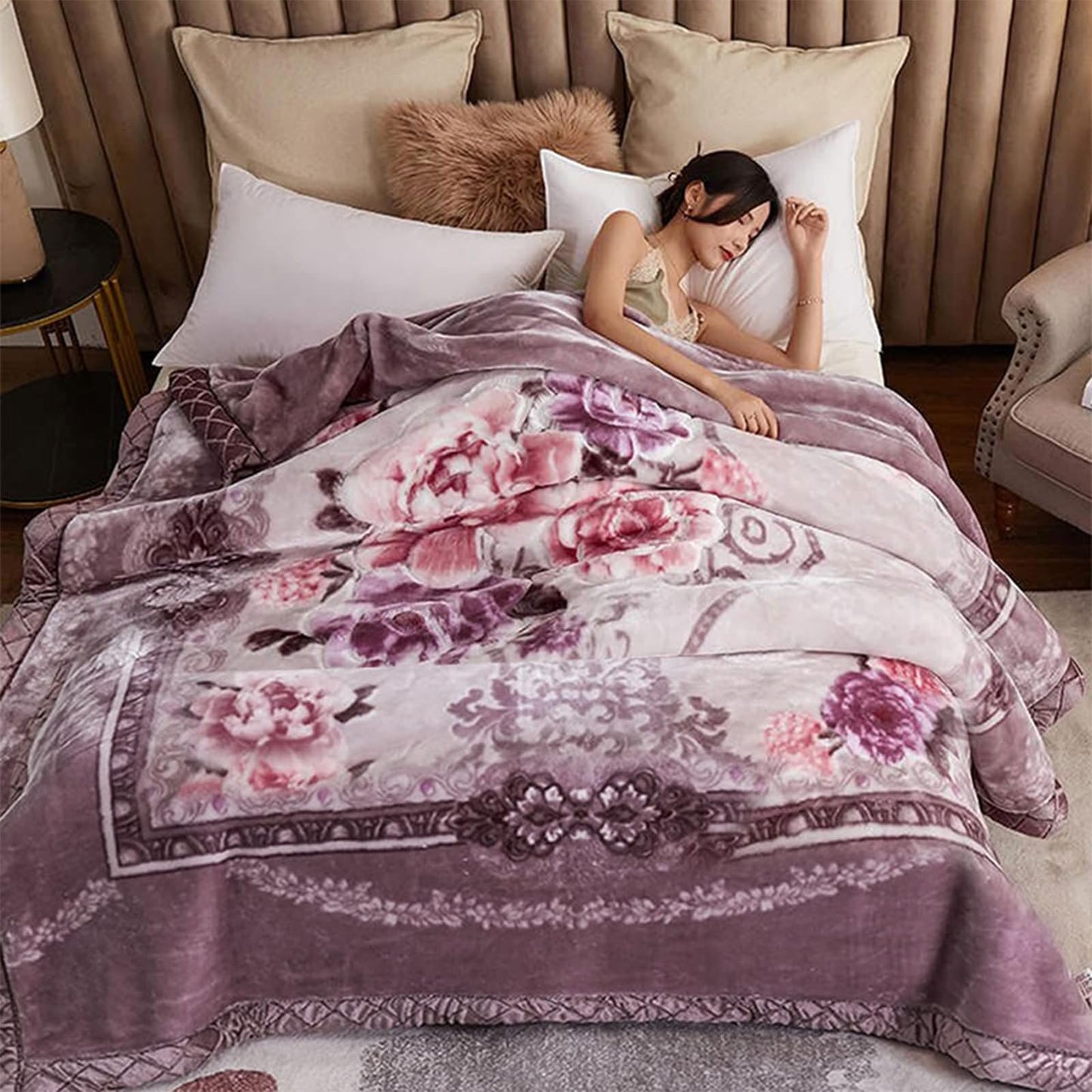 MODUSKYE Mink Blankets, Korean Heavy Fleece Plush 78x90 inch 2 Ply Mink Thick Blankets with Iris Flowers 7.7 lbs Queen Size Soft Raschel Blanket for Autumn Winter (Purple)