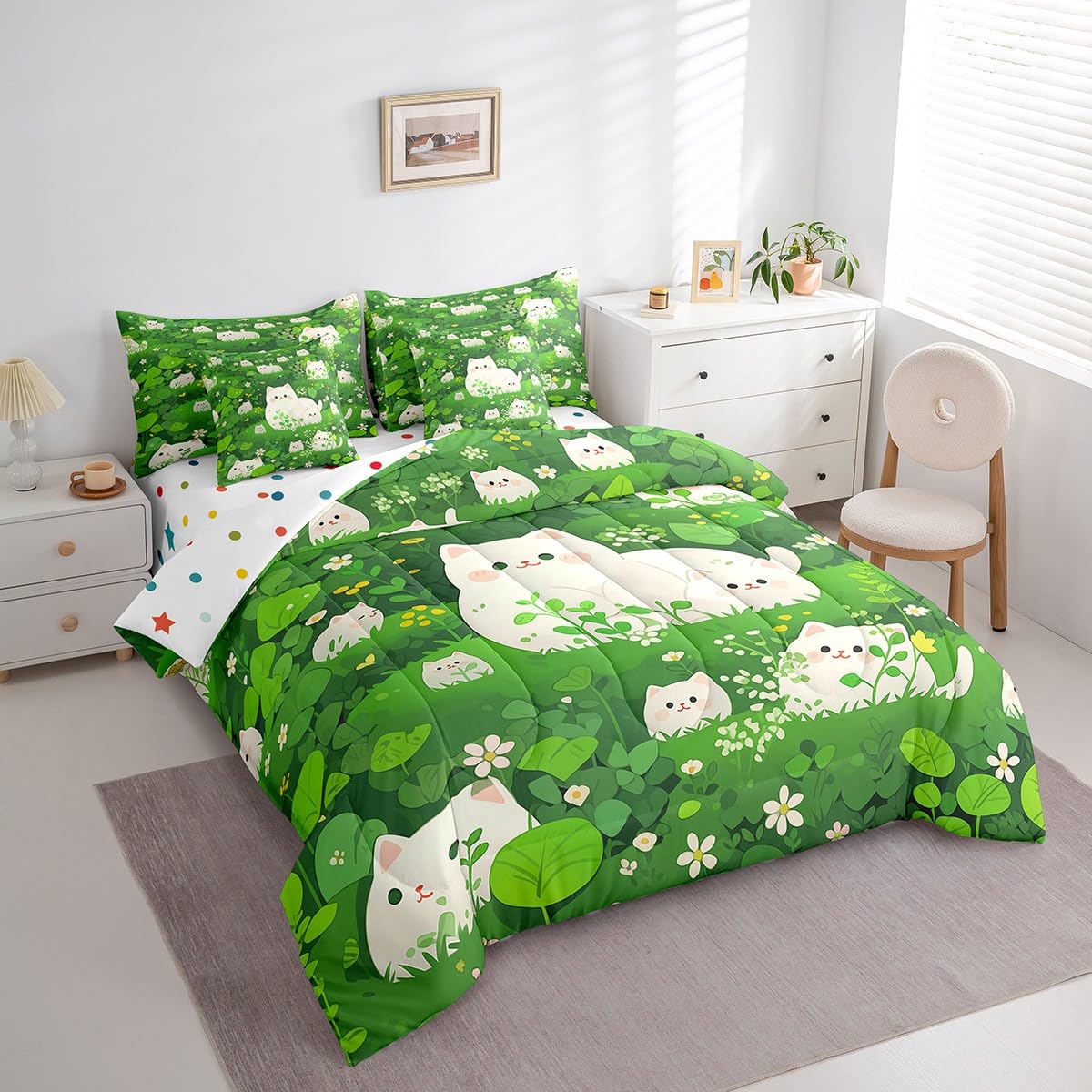 Erosebridal Cartoon Cat Bedding Set King Size, Cute Kitten Animals Comforter Set, Spring Lawn Flowers Kids Teens (Comforter+Fitted+Flat Sheet+2 Pillowcases+2 Throw Pillow Covers) 7 Pieces Bed Set