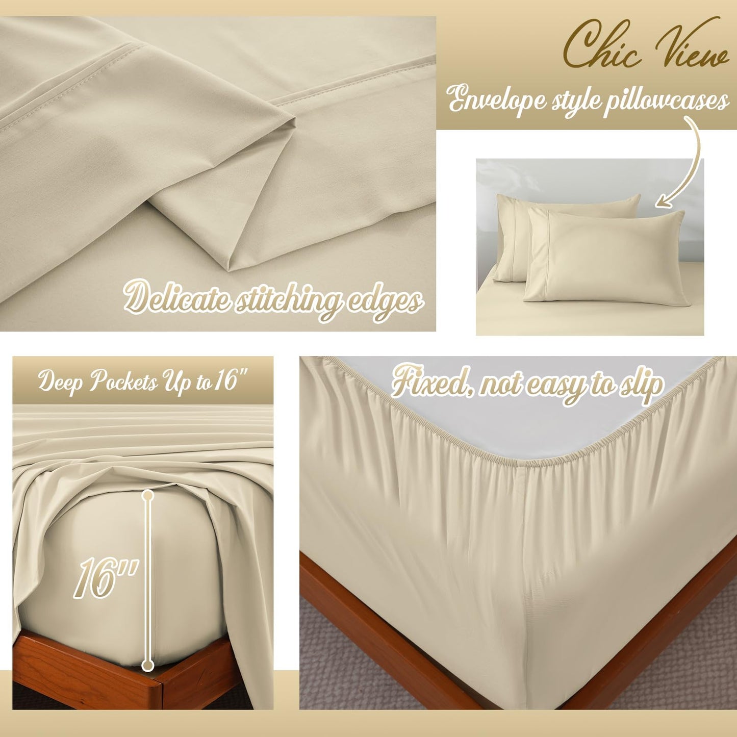 ChicView Full Sheet Set,4 Pieces Hotel Luxury Breathable Soft Microfiber Bedsheets, Anti Pilling Deep Pockets Easy Care Bed Sheets, Milk Beige