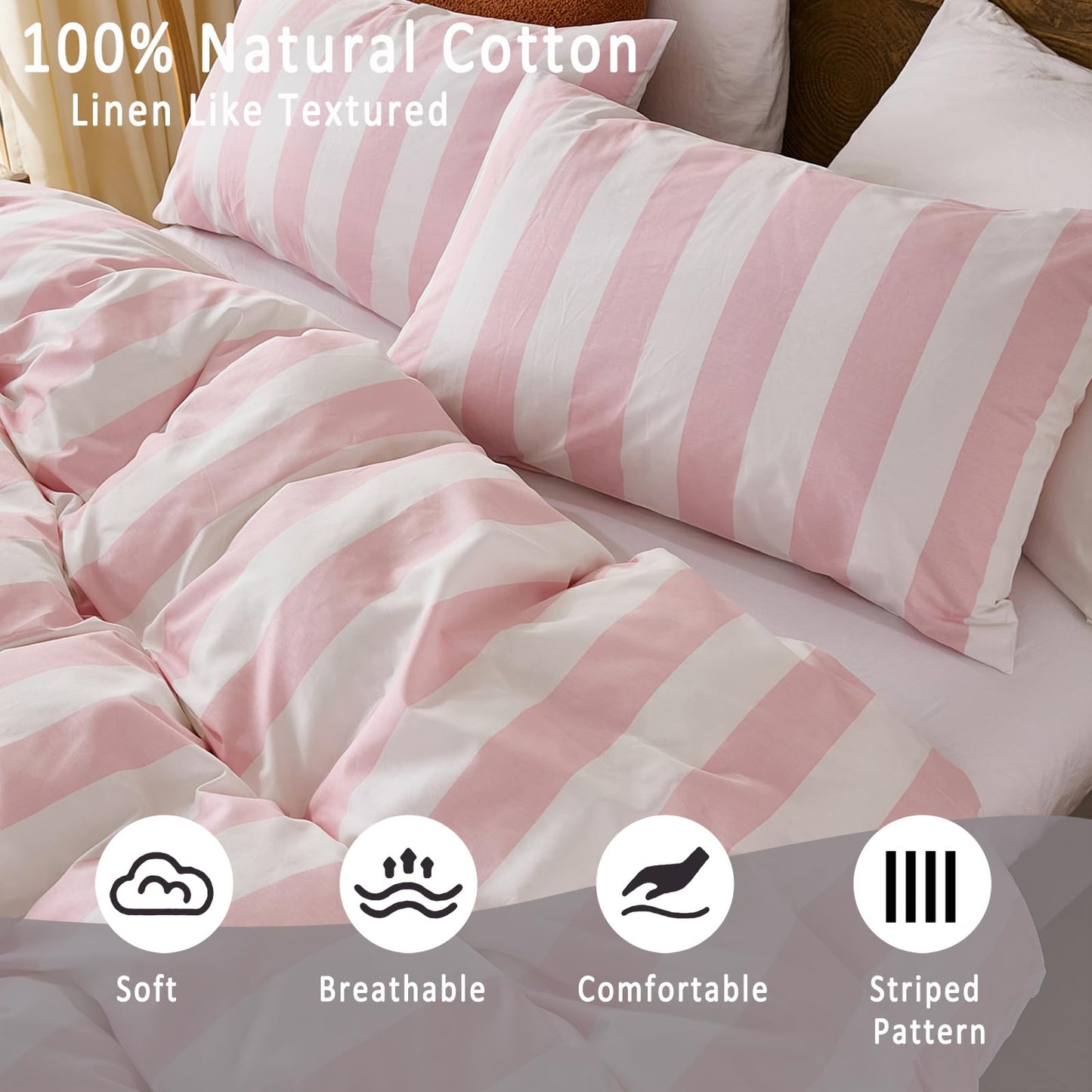 Merryword Pink and White Striped Comforter Set King Size, 100% Cotton Reversible Comforter Set 3 Pcs, Luxury Linen Like Bedding, Soft Breathable Lightweight Comforter for All Seasons