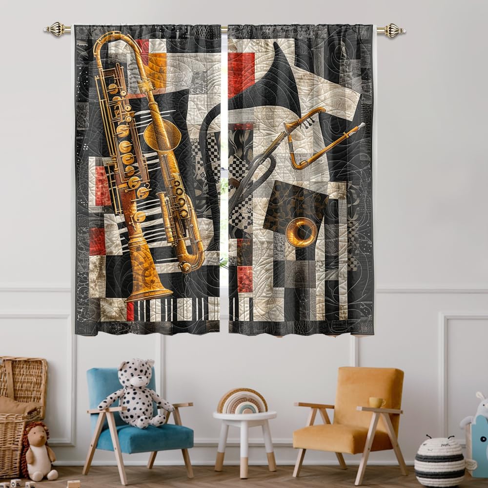 XSUPFLYM Vintage Jazz Music Instrument Window Thermal Curtain for Living Room Rustic Abstract Art Old Antique Saxophone Musician Blackout Curtains for Bedroom 2 Panels Each 21" W x 54" L
