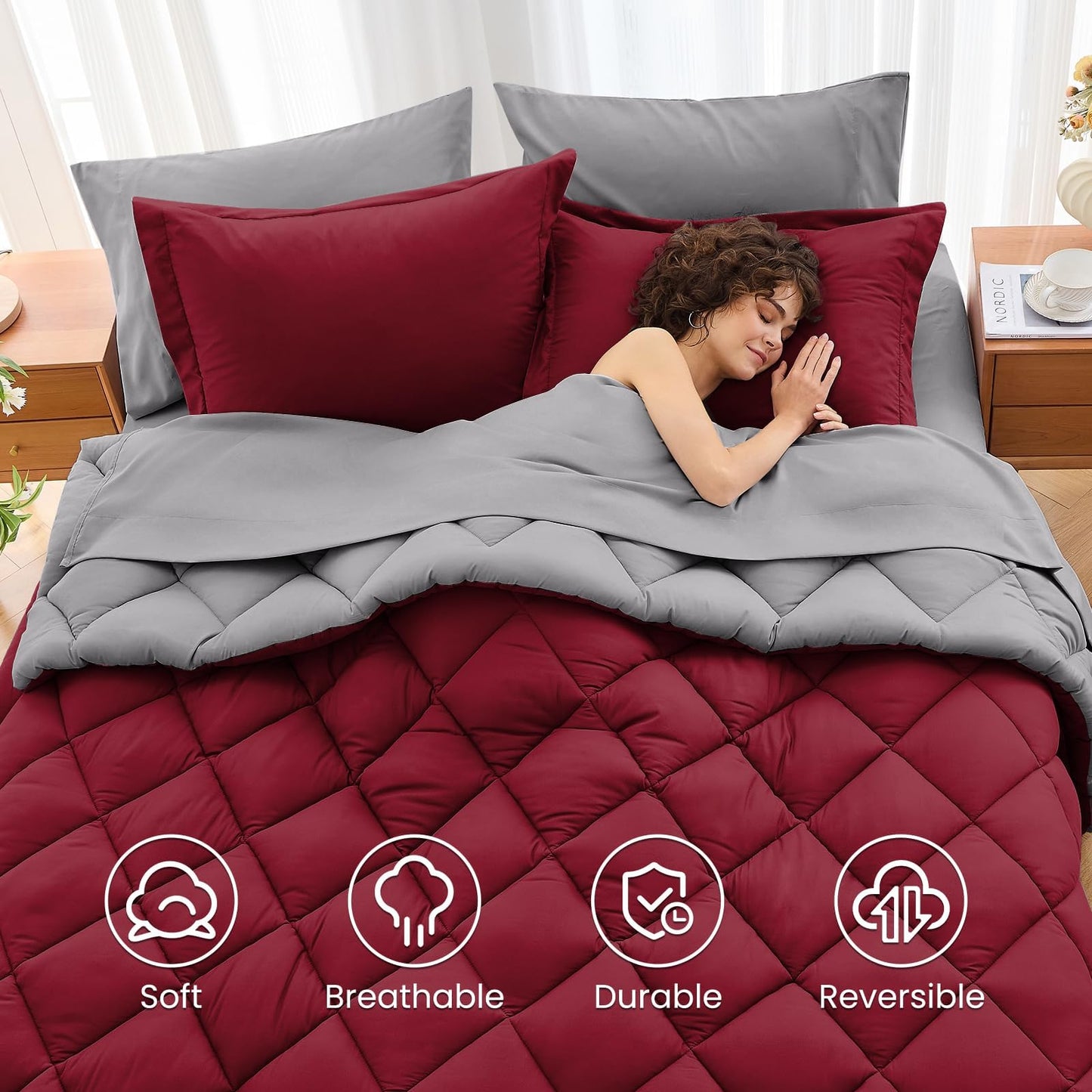 MUXHOMO 7 Pieces Queen Comforter Set, Reversible Bed in a Bag Queen Size, All Season Bedding Set with Comforter, Flat Sheet, Fitted Sheet, Pillowcases & Shams, Burgundy & Grey