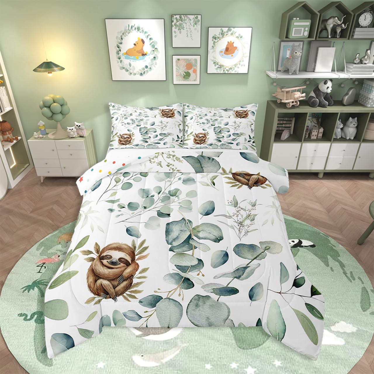 Erosebridal Girls Kawaii Animal Bedding Twin Size Cute Sloth Comforter Set Twin, Cartoon Wildlife Duvet Insert Green Leaf Quilt Comforter, Plant Bedding Comforters & Sets Child Kids Bedroom Decor