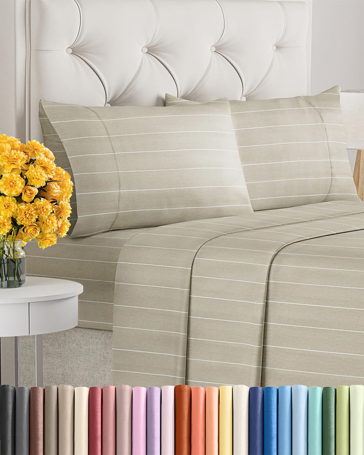 Queen Size 4 Piece Sheet Set - Ultra Soft & Cooling Bed Sheets - Fits 8 Inch to 16 inch Mattress - Wrinkle & Fade Resistant with Deep Pockets - Breathable, Comfy Hotel Luxury Bedding - Beige Stripes